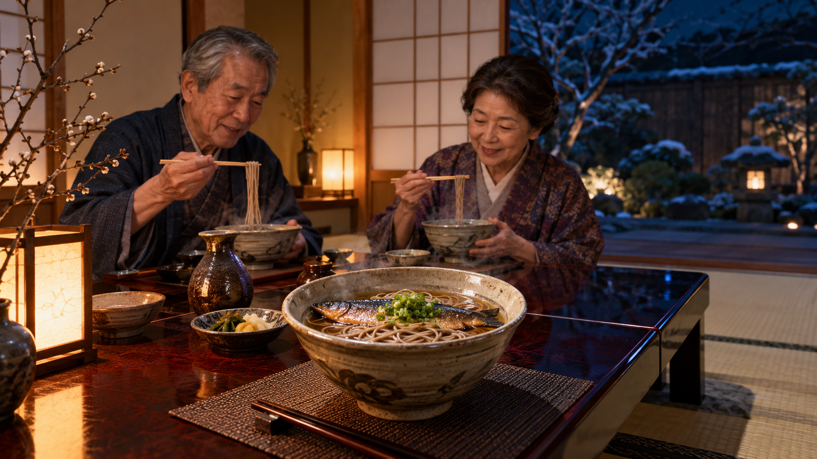雪の夜の京都の和室で年越しにしんそばを味わう日本人夫婦