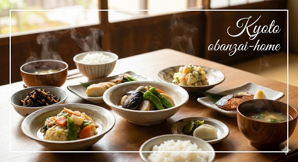 古民家の木のテーブルに並べられた、湯気が立つ温かい京おばんざいの食事。ご飯、味噌汁、焼き魚、野菜の煮物、ひじき煮、ポテトサラダなど、小鉢に盛られた家庭料理の数々。右上に白い筆記体で「Kyoto obanzai-home」の文字。
