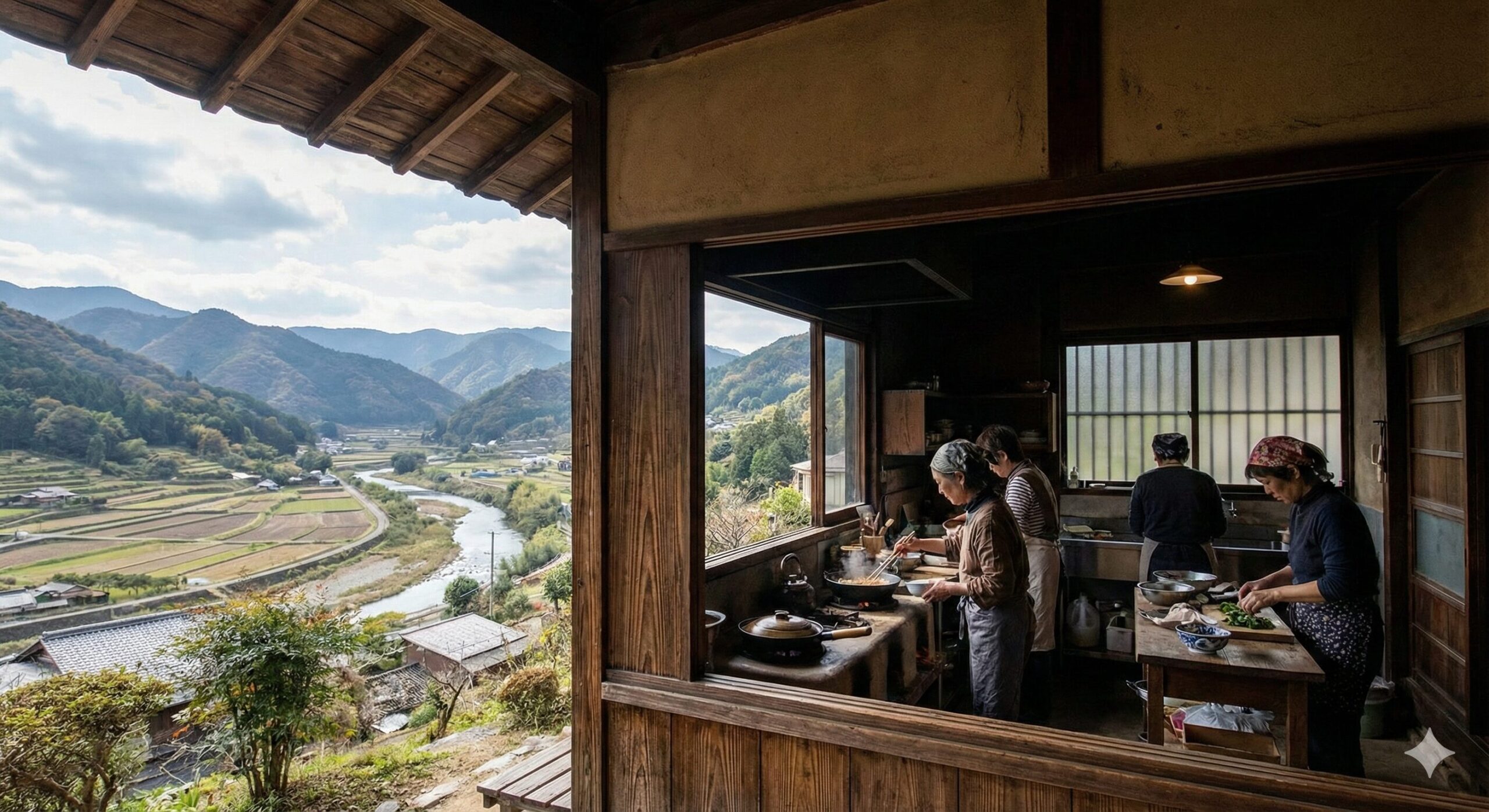 山々に囲まれた京都の盆地の風景。手前には伝統的な町家の台所で料理をする人々の様子が見え、遠くには畑や川が広がっている。おばんざいの背景にある地理的環境を象徴する写真。