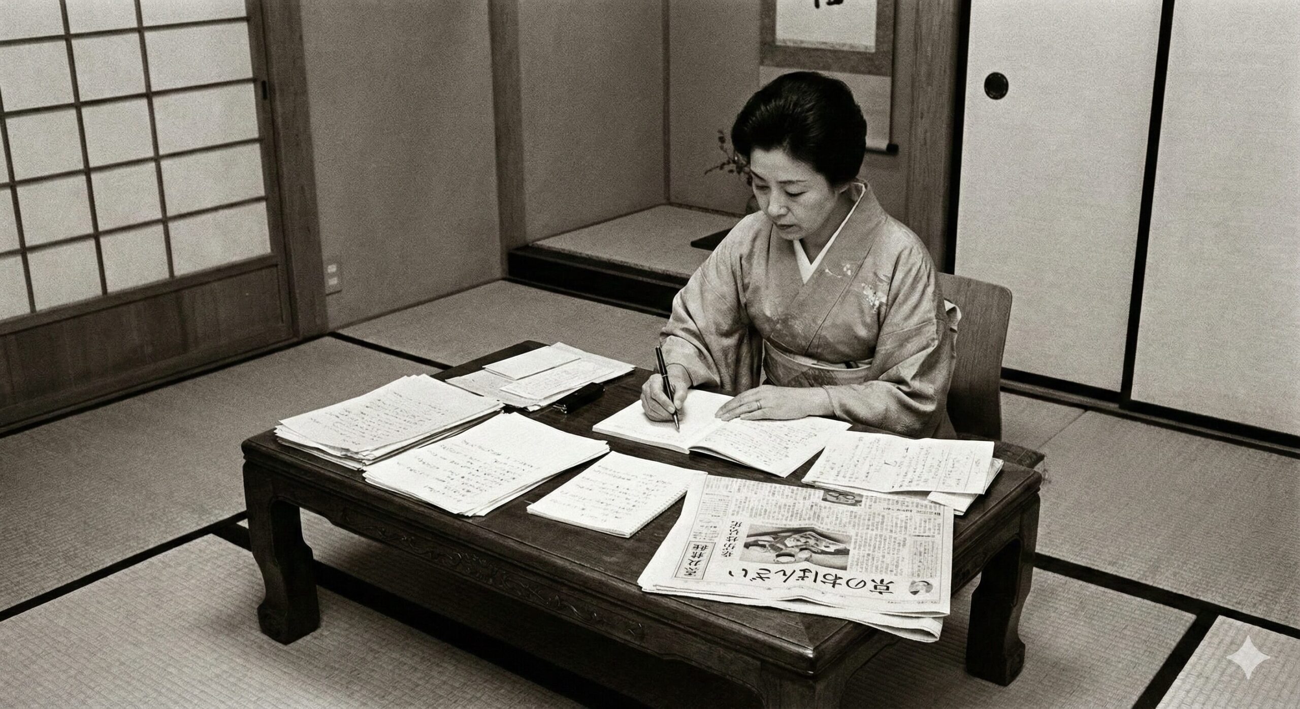 1960年代、和室の文机に向かい、熱心に執筆する大村しげ氏のモノクロ写真。机上には資料や「おばんざい」の文字が見える新聞が置かれている。京都の家庭料理を記録し広めた彼女の活動の様子