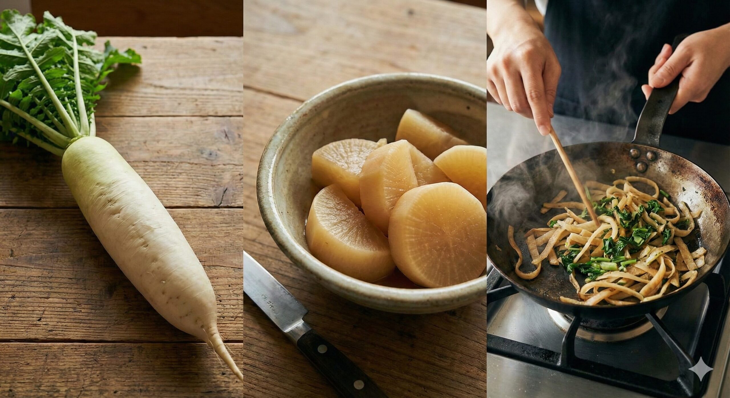 大根一本を無駄なく使い切る「始末」の工程を示す三枚の写真。左から、丸ごとの大根、煮物用に切った大根の身、そして皮と葉を使ったきんぴらの調理風景が並んでいる。