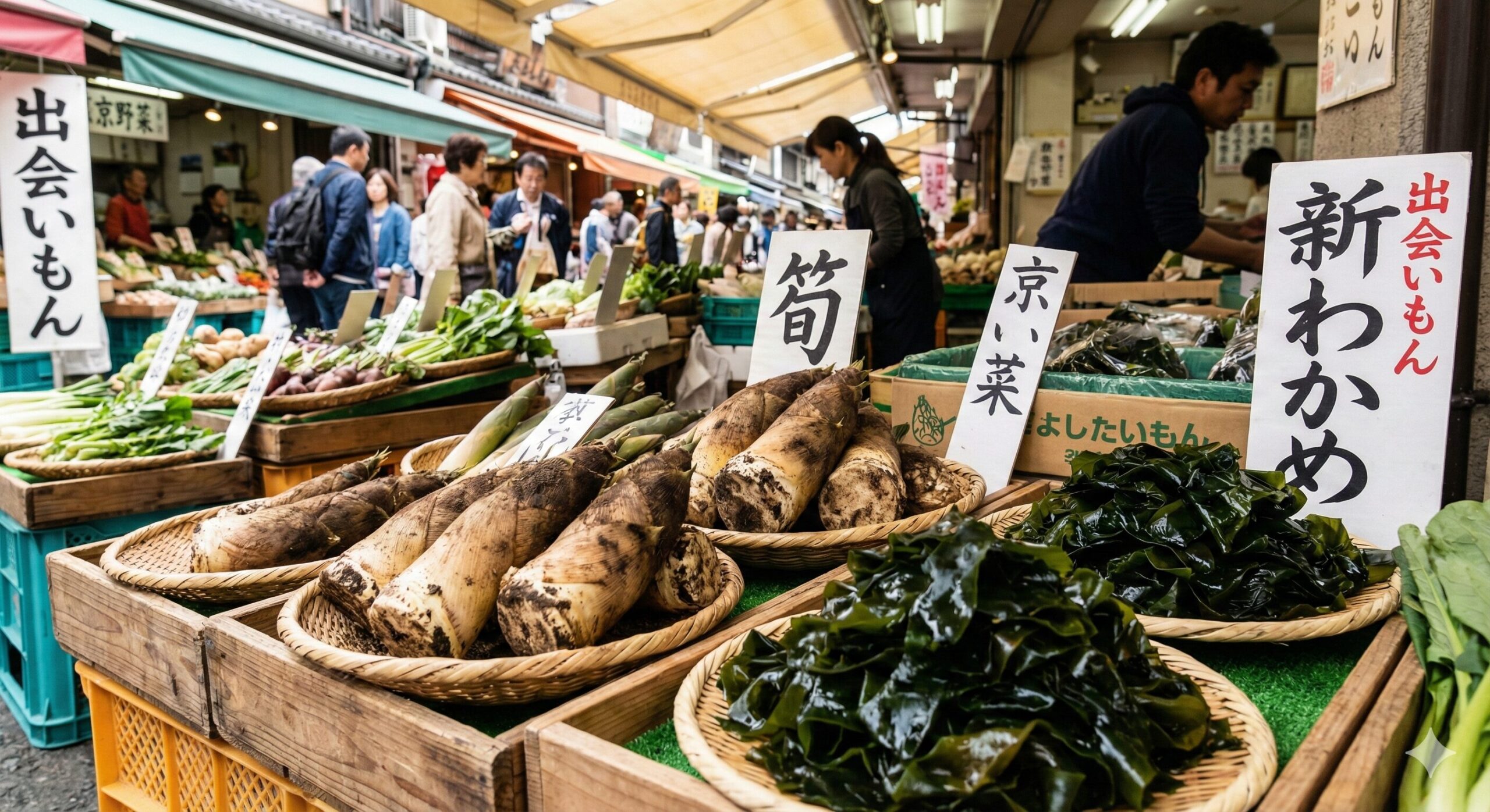 京都の市場で撮影された、春の「出会いもん」である筍とワカメの食材写真。新鮮な京野菜が並ぶ活気ある市場の雰囲気の中で、旬の組み合わせが強調されている。