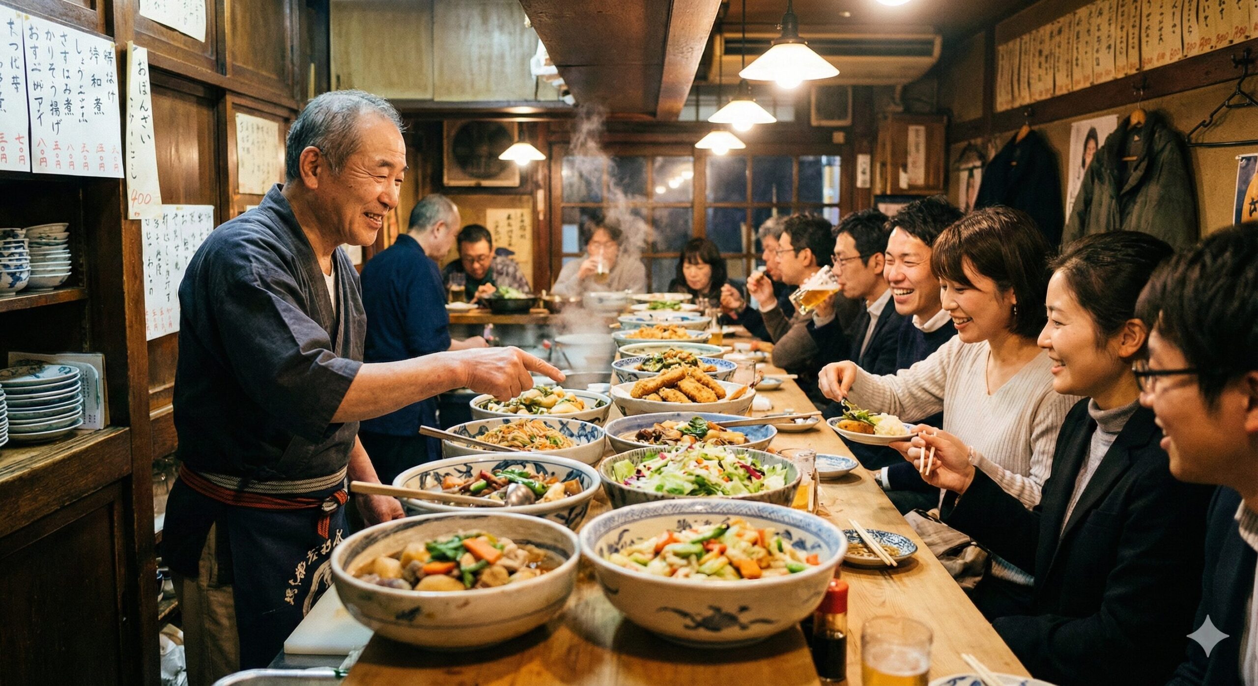 京都の居酒屋で、カウンターに並ぶ大鉢料理を選んでいる客と、笑顔で対応する店主の様子。温かい雰囲気の中、おばんざい居酒屋のライブ感が伝わる写真。