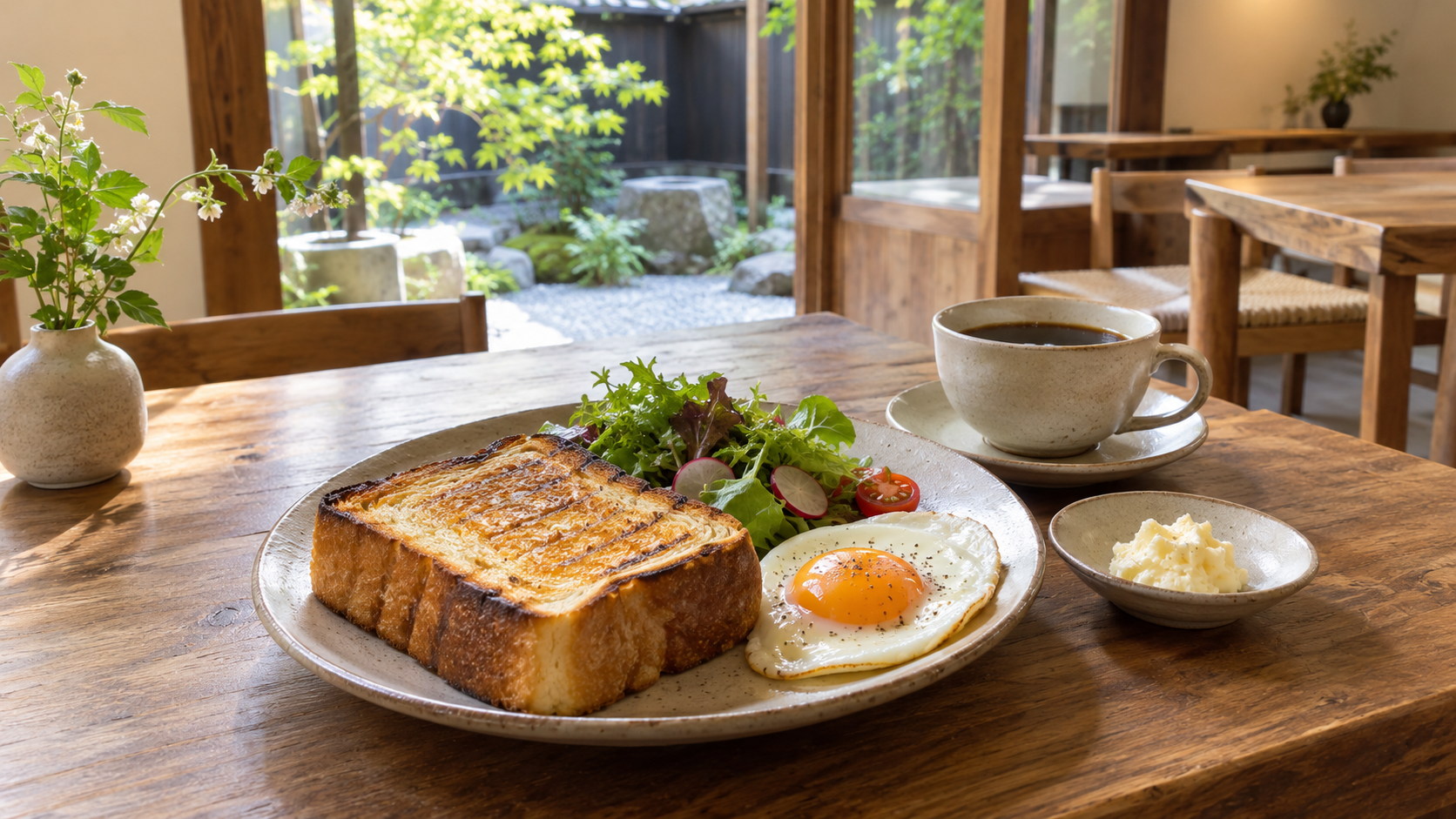 京都の町家カフェで楽しむ厚切りトーストと目玉焼きのモーニング