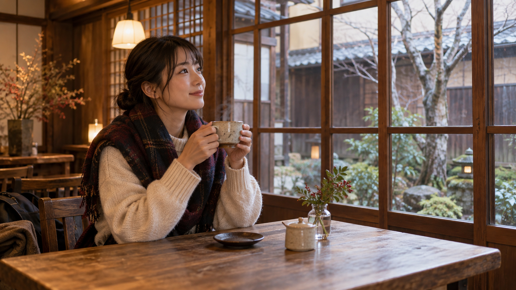 冬の京都の町家風喫茶店で温かいコーヒーを楽しむ日本人女性