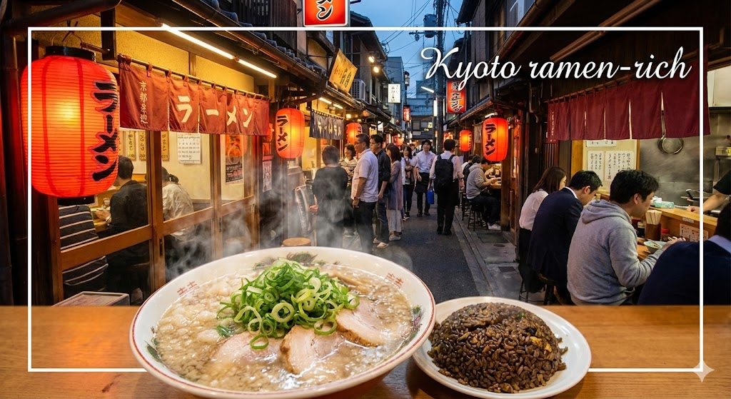 京都のラーメン横丁で提供される、背脂たっぷりのこってりラーメンと黒ヤキメシ。濃厚な食文化を象徴する画像。『Kyoto ramen-rich