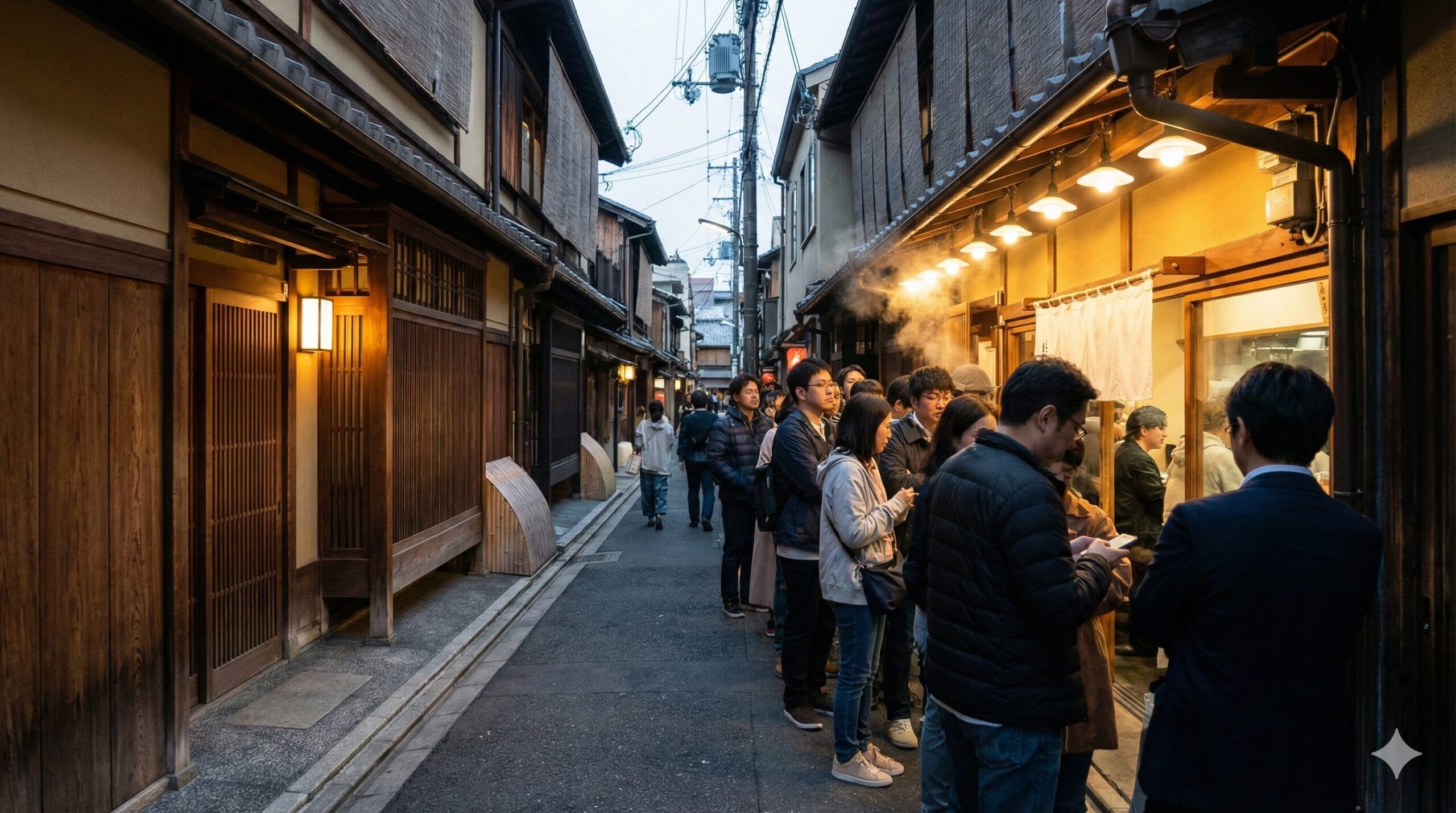 夕暮れ時の京都の路地裏で、伝統的な和食店と行列ができる活気あるラーメン店が向かい合う様子。静と動の食文化の対比。
