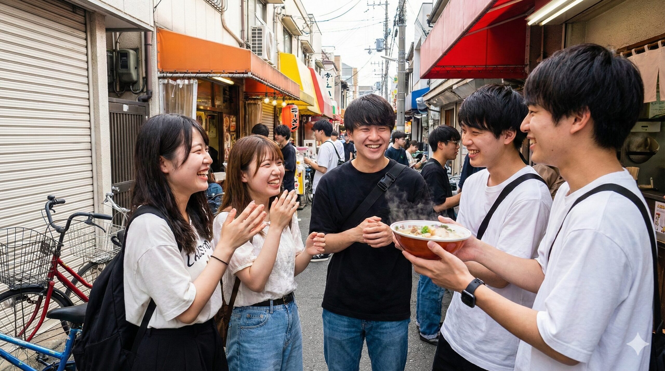 京都の学生街、一乗寺のラーメン店前で、濃厚なラーメンを囲み笑顔で談笑する若い日本の大学生たちの活気ある様子。