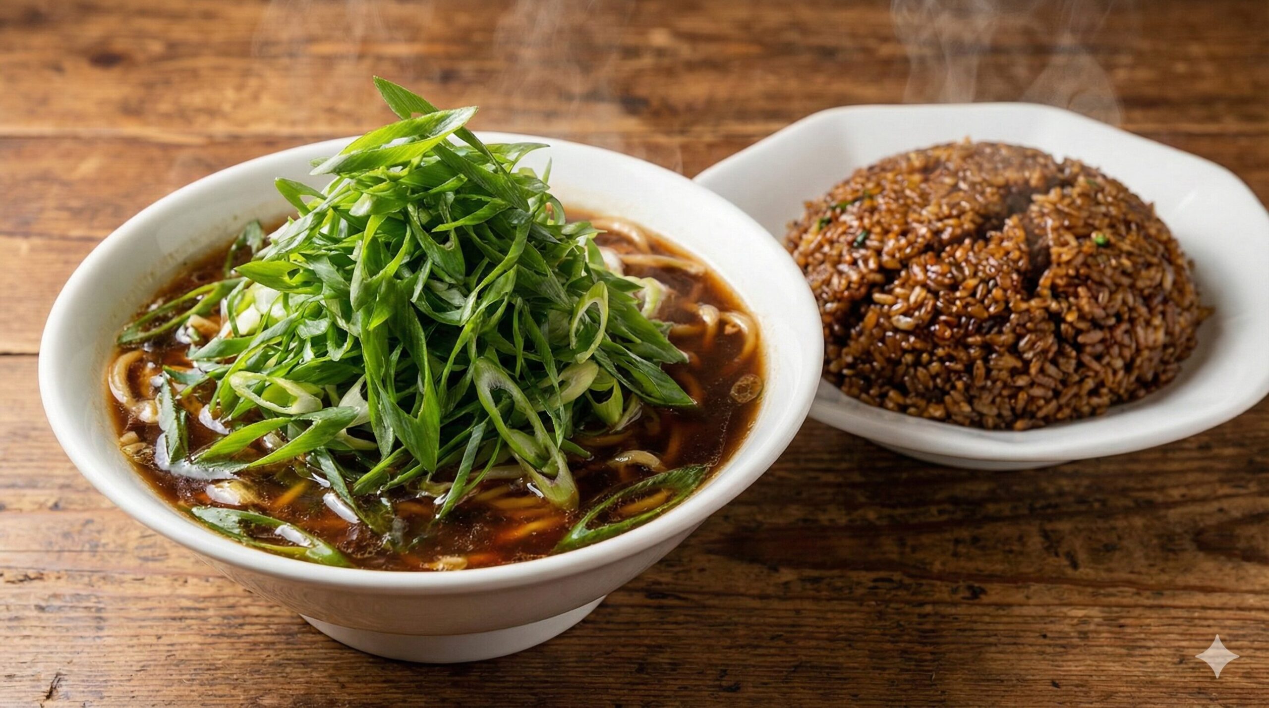 山盛りの九条ネギが乗った濃厚な醤油ラーメンと、隣に添えられた色の濃い黒ヤキメシ。湯気が立ち、食欲をそそるクローズアップ写真。