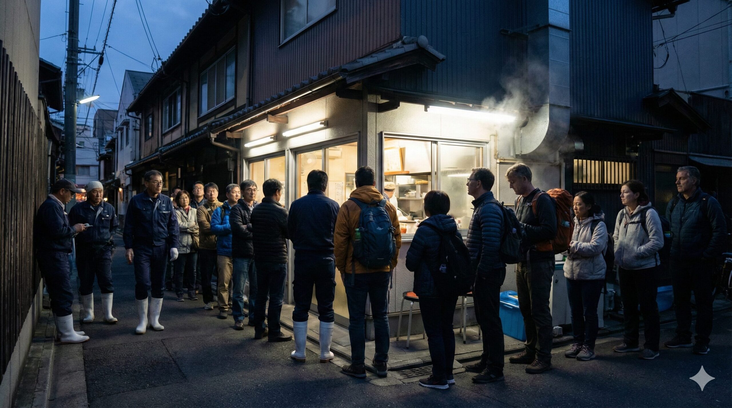早朝の薄暗い時間帯、京都駅周辺の路地裏にあるラーメン店前に、市場関係者や観光客が開店を待って行列を作っている様子。