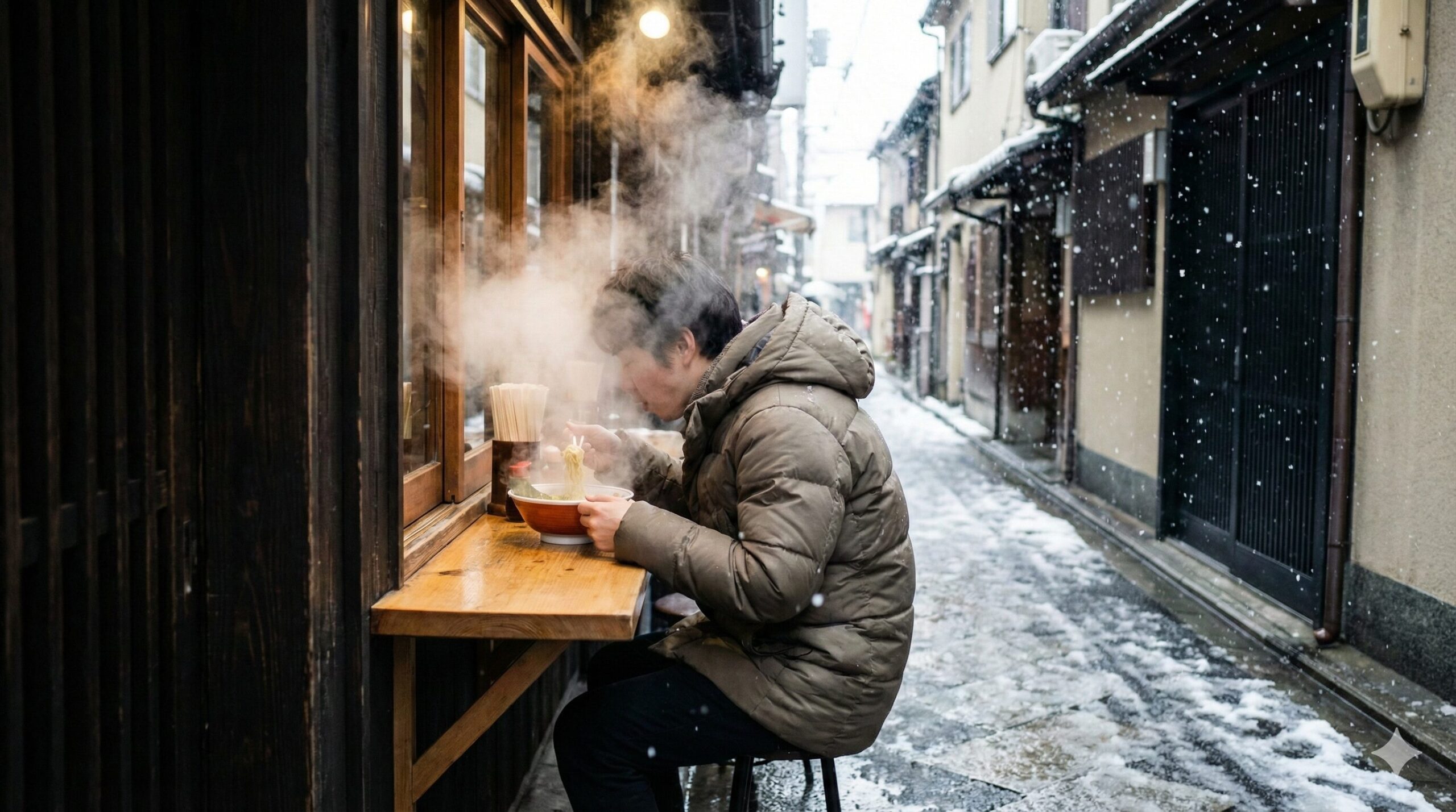 雪が舞う冬の京都の路地裏で、厚着をした男性が湯気の立つ熱々のラーメンを食べている様子。底冷えする気候と温かい食事の対比。