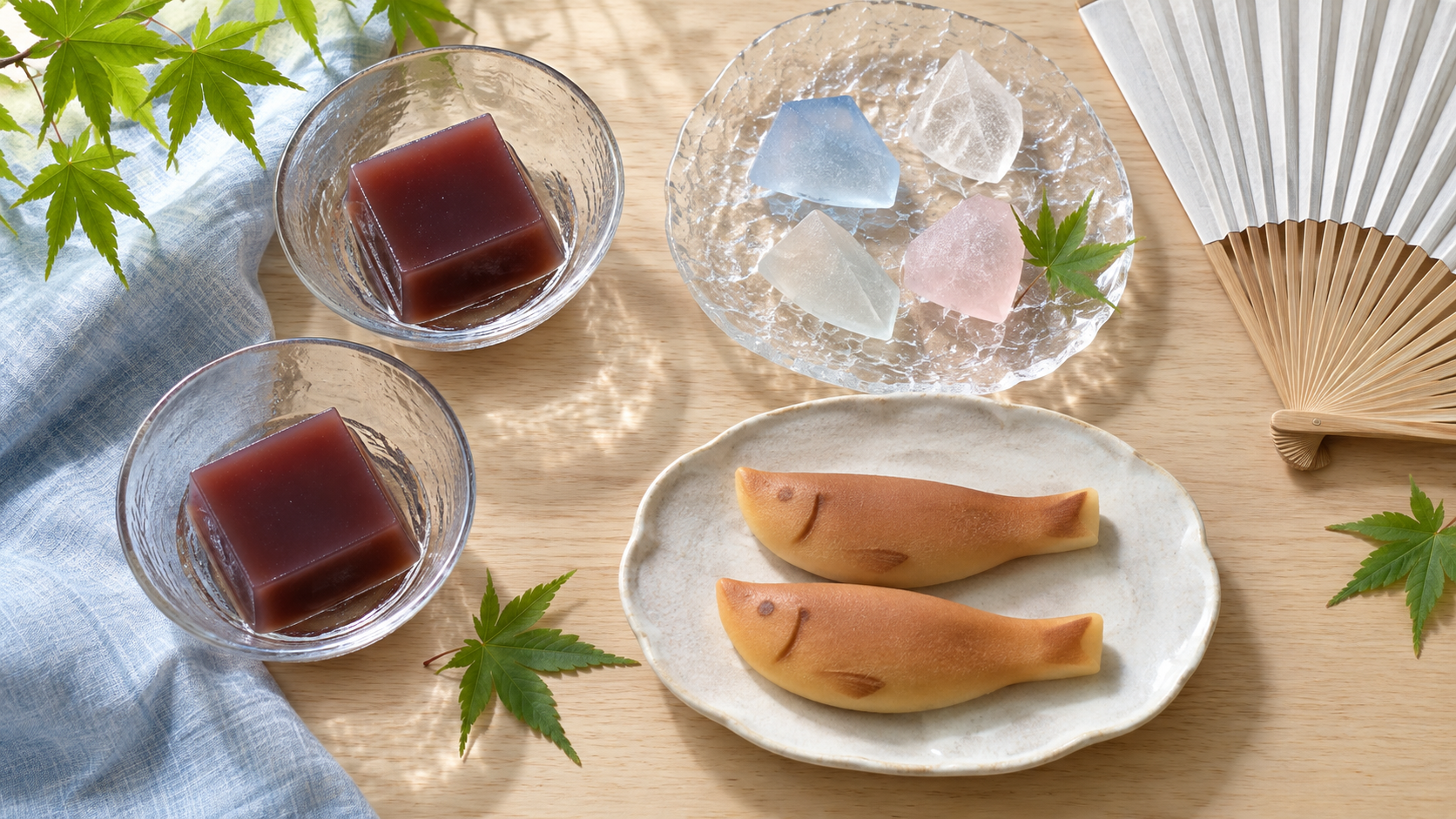 京都の夏菓子として並ぶ水羊羹・琥珀糖・若あゆ