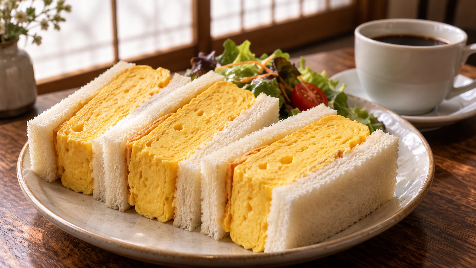 京都の喫茶店風の厚焼き卵サンドとコーヒー
