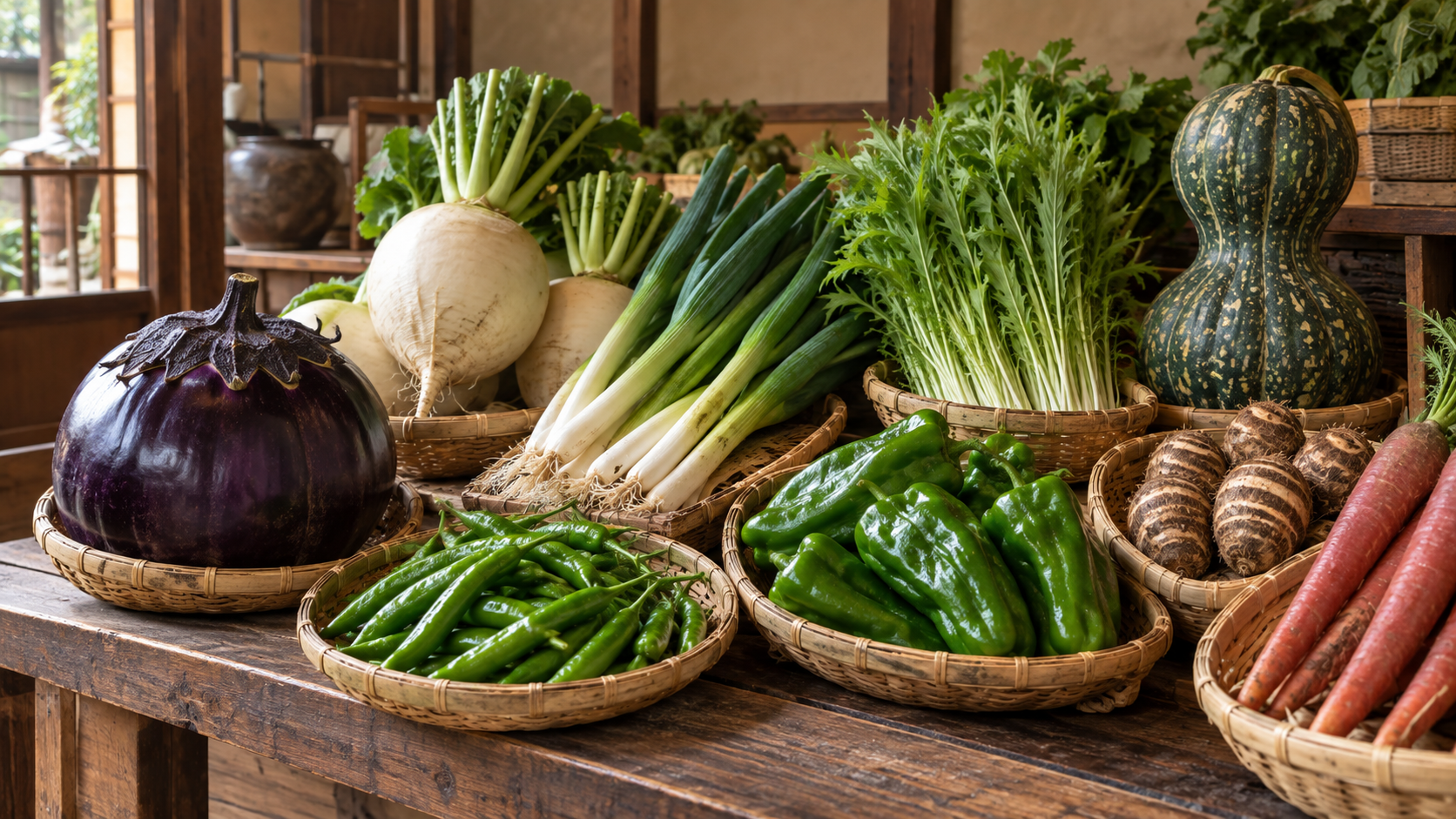 賀茂なすや聖護院だいこん、九条ねぎなどの代表的な京野菜