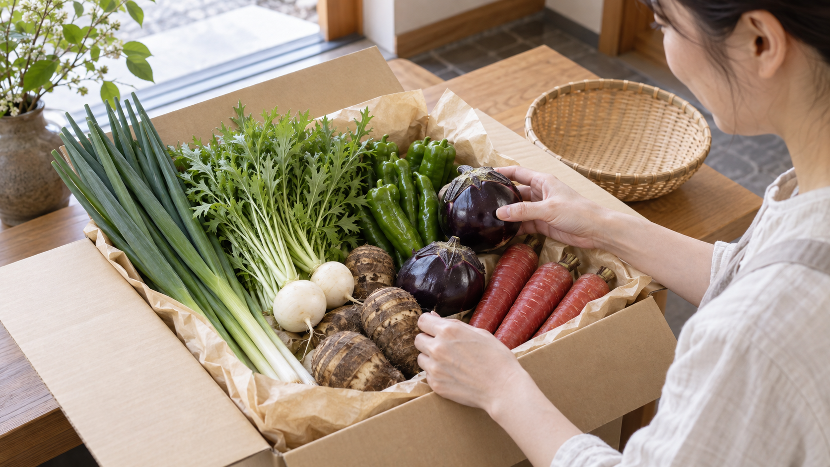 通販で届いた賀茂なすや九条ねぎなどの京野菜詰め合わせ