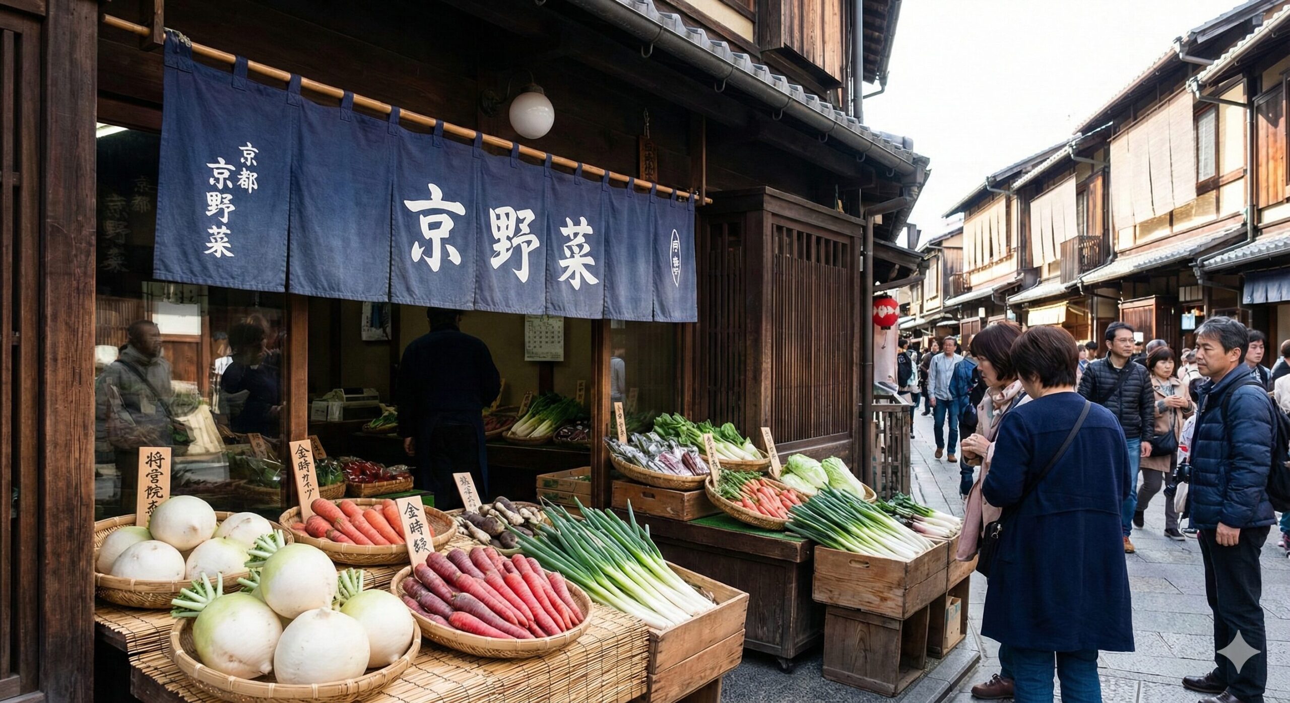  京都の伝統的な町並みにある八百屋の店先に、色鮮やかな京野菜が並んでいる様子。聖護院大根、金時にんじん、九条ねぎなどが竹ざるに盛られ、背景には木造の建物と「京野菜」と書かれたのれんが見える。