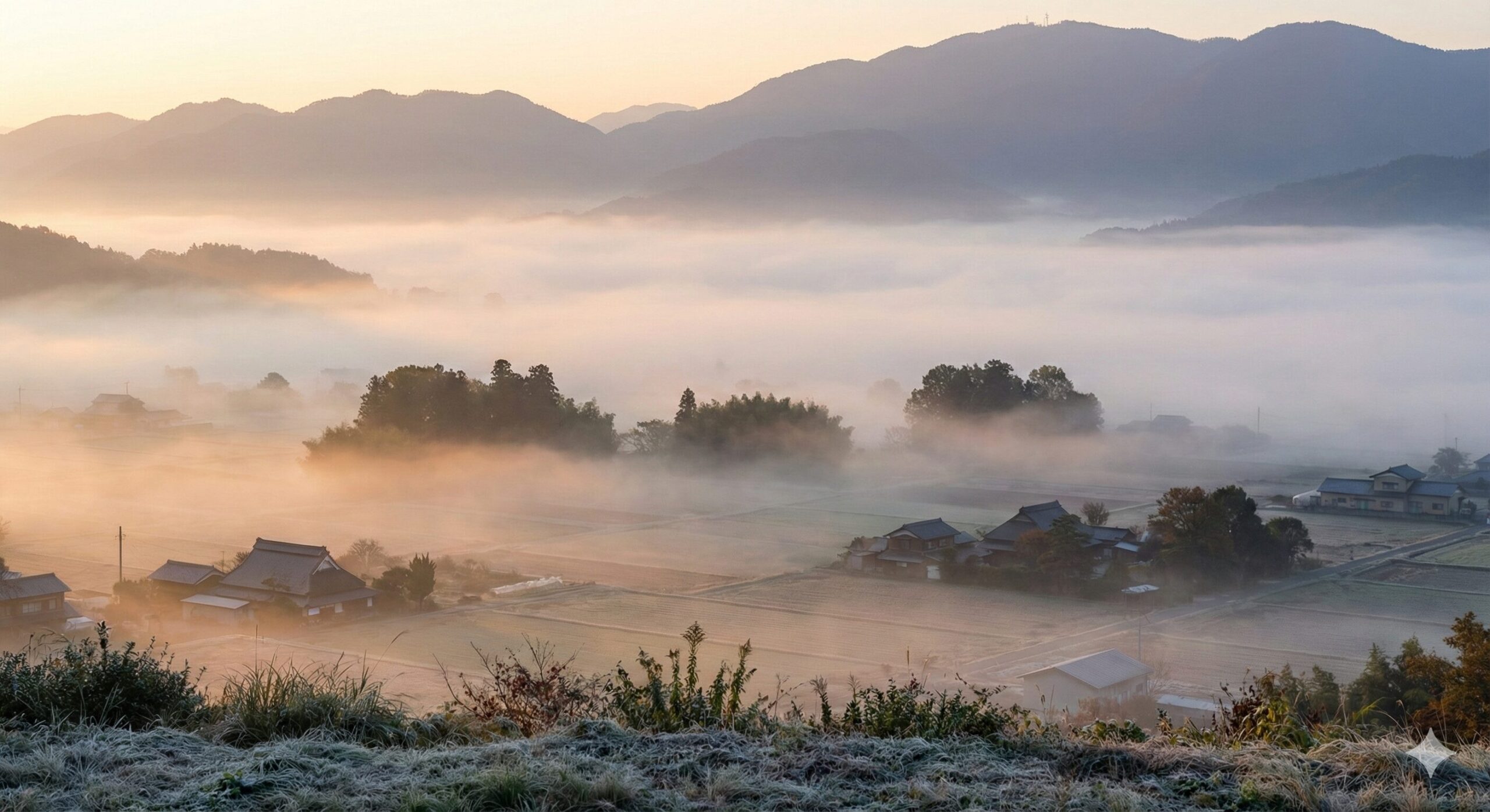 秋の早朝、京都・亀岡盆地を覆う幻想的な「丹波霧」の風景。霧の中に畑や集落が浮かび上がり、遠くの山々が霞んでいる。京野菜を育む独特の気候条件を表現