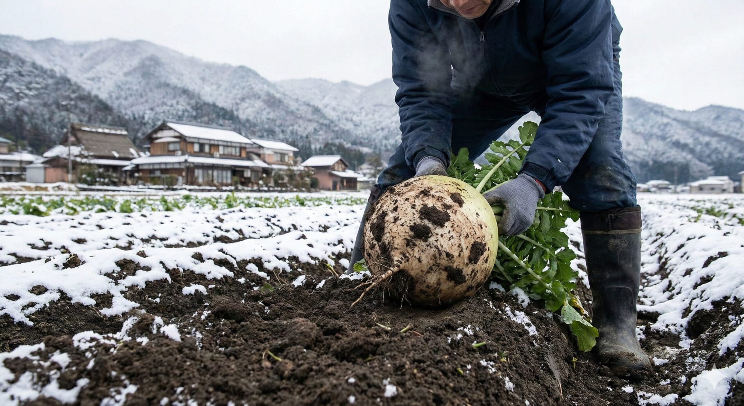 雪が薄っすらと積もった京都の畑で、農家の人が大きな聖護院大根を収穫している様子。背景には冬の京都の山々と古民家が見え、寒さと土の豊かさが伝わる。