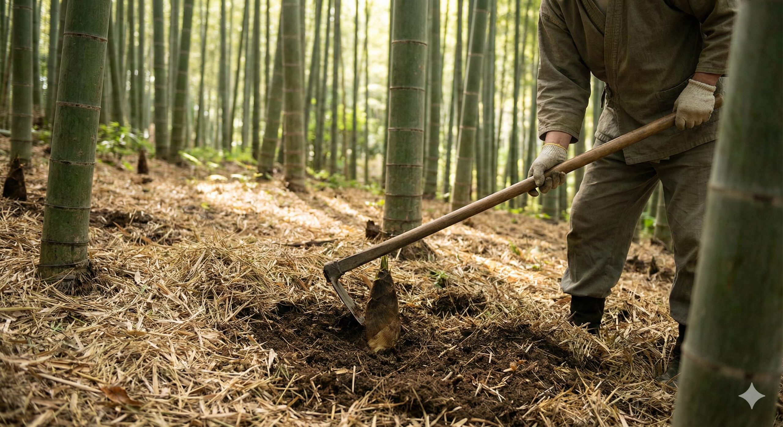 京都の竹林で、春の柔らかな光が差し込む中、農家の人が専用の鍬で京たけのこを掘り起こしている様子。地面には藁が敷かれ、伝統的な栽培方法が分かる