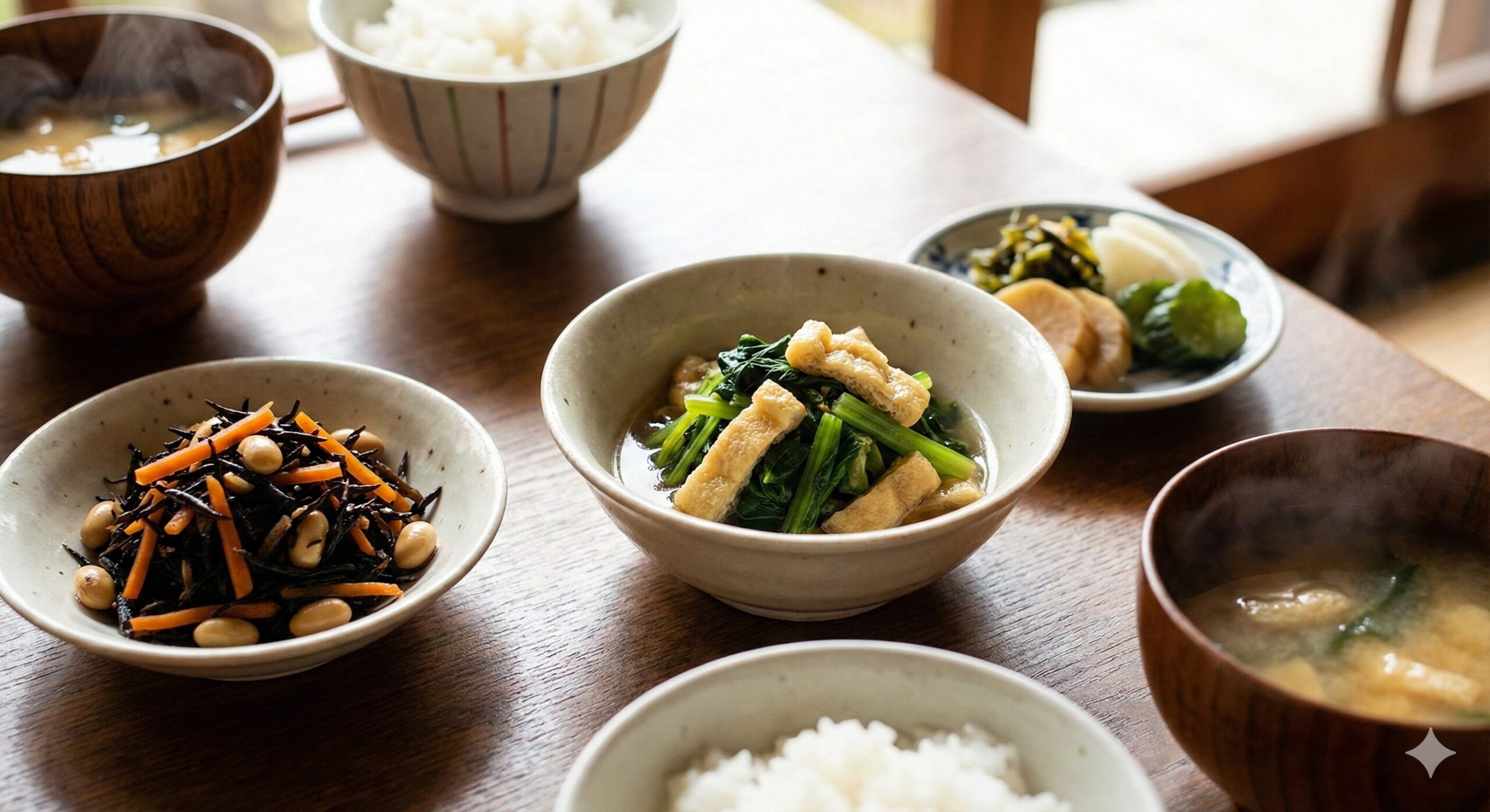 京都の一般家庭の食卓に並ぶ、季節の京野菜を使った複数のおばんざい。小鉢に盛られた壬生菜と油揚げの炊いたん、ひじきの煮物、お漬物などが、温かい雰囲気の中で撮影されている。