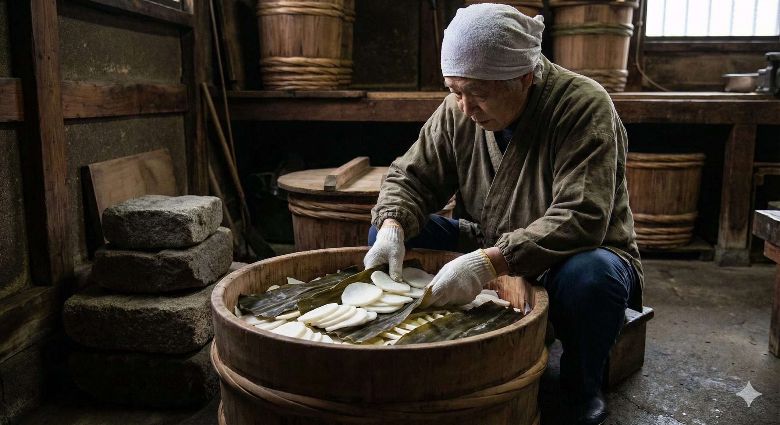 京都の老舗漬物店で、職人が大きな木の樽に聖護院かぶを漬け込んでいる様子。丁寧に並べられたかぶと昆布が見え、伝統的な千枚漬の製造工程が伝わる。