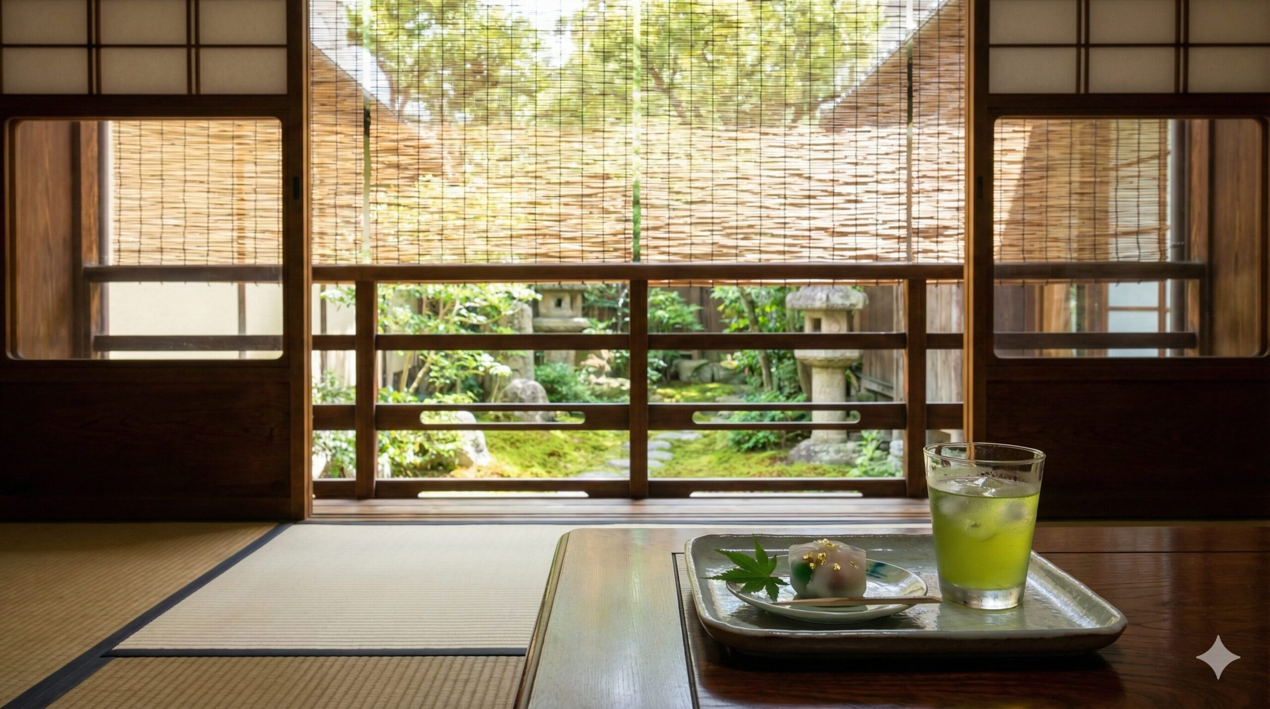 京都の伝統的な町家で楽しむ、涼やかな夏庭と和菓子、冷たい日本茶の風景