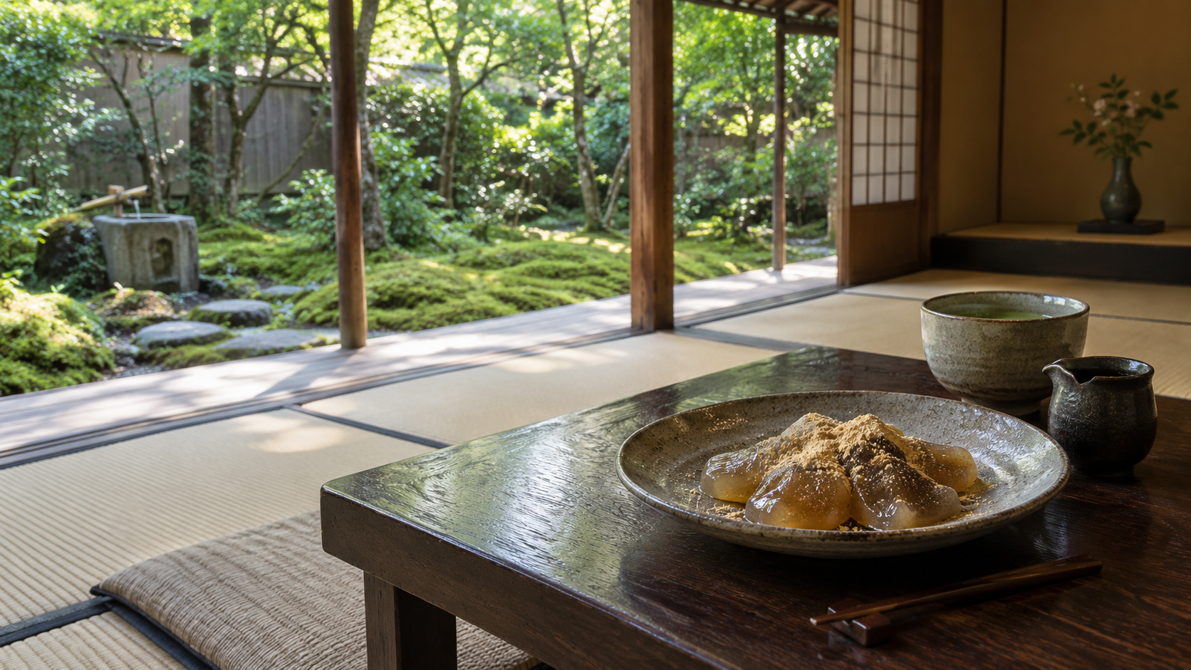京都の苔庭を望む茶寮で味わうきな粉と黒蜜のわらび餅
