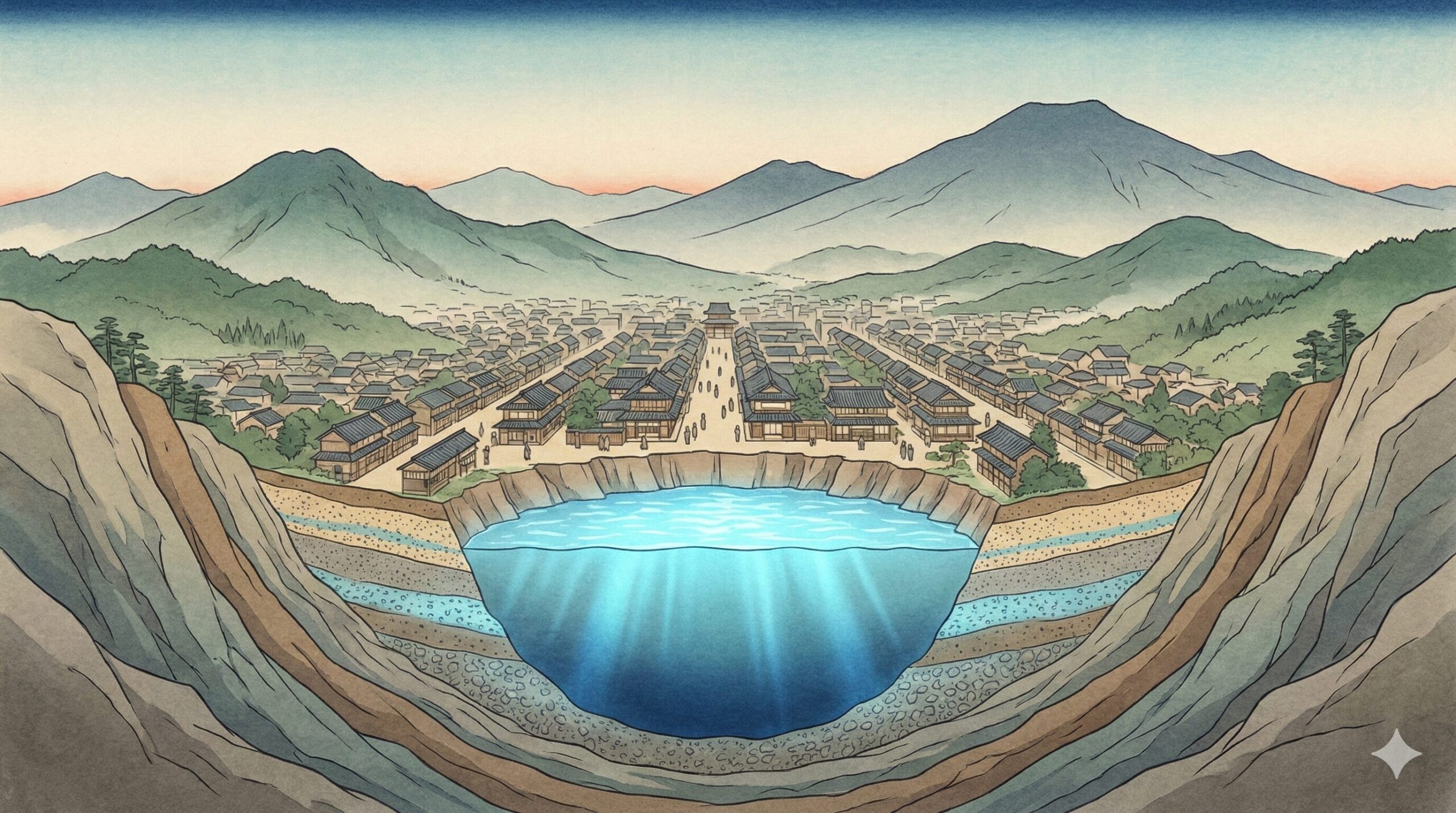 京都盆地の地下に広がる巨大な水がめ「京都水盆」の構造を示す地質イメージ図。山々に囲まれた盆地の地下に豊かな水が蓄えられている様子。