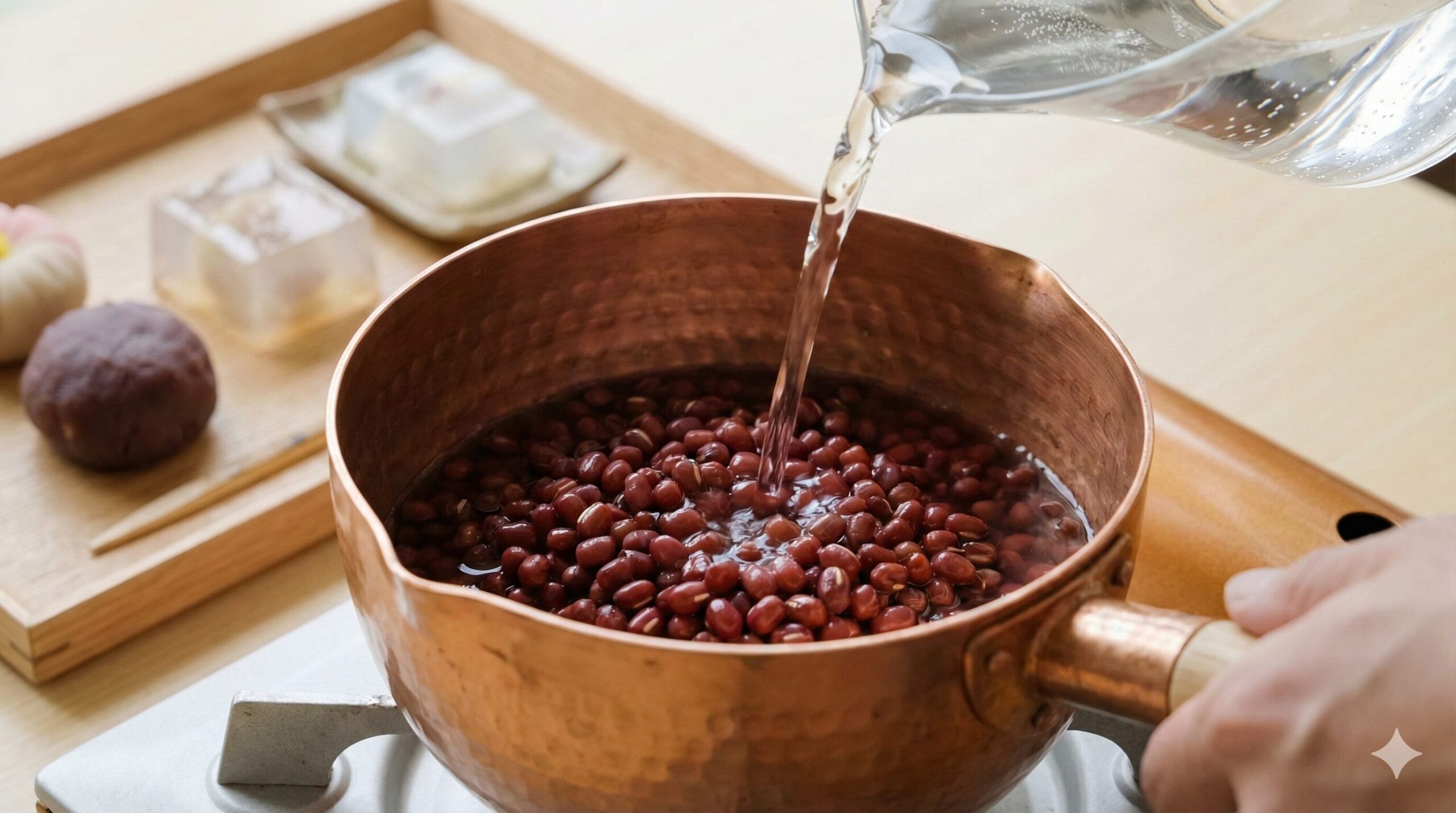 京都の軟水を使用して小豆を炊き上げる和菓子職人の手元。素材の味を引き出す透明な水と伝統的な和菓子作りの風景。