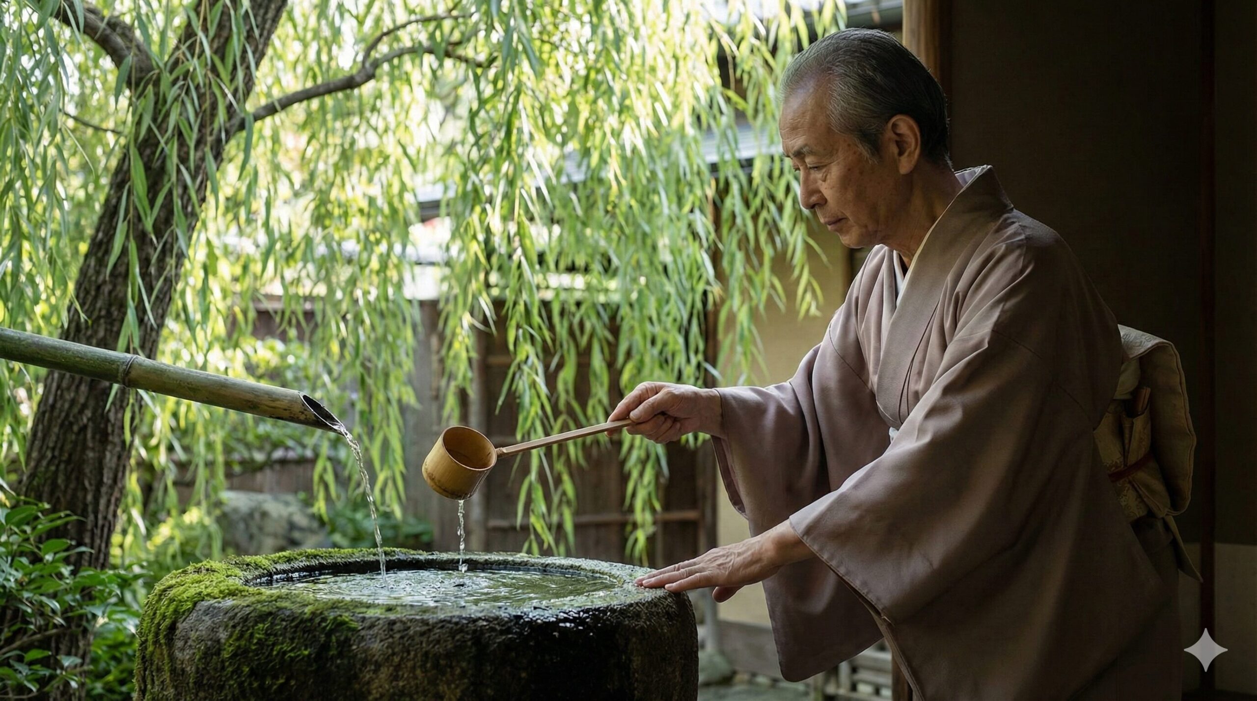 柳の木の下にある石造りの手水鉢から名水を汲み、茶の湯の準備をする日本の茶道家の様子。