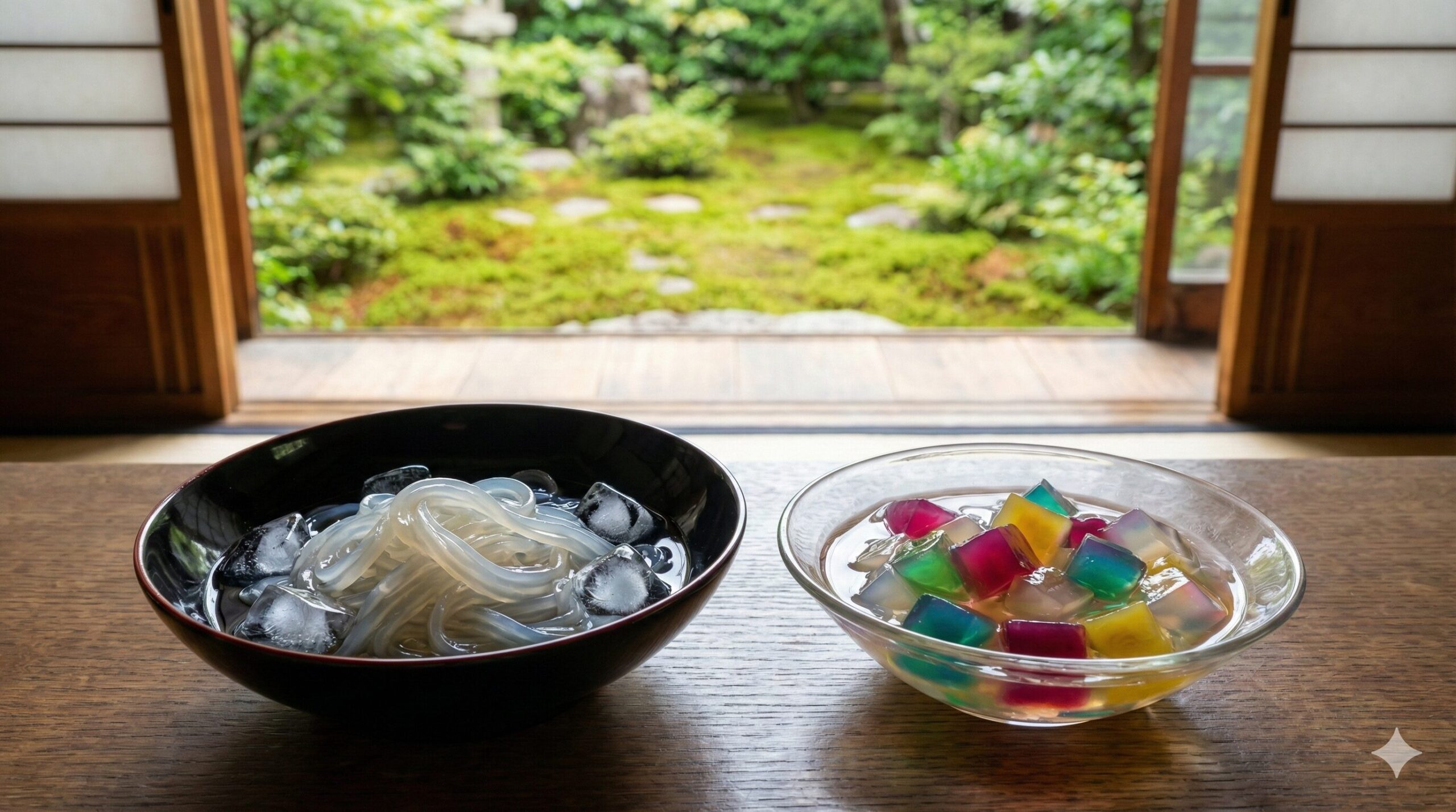 京都の夏を象徴する透明感あふれる葛切りと、宝石のように輝く琥珀流しの寒天菓子。