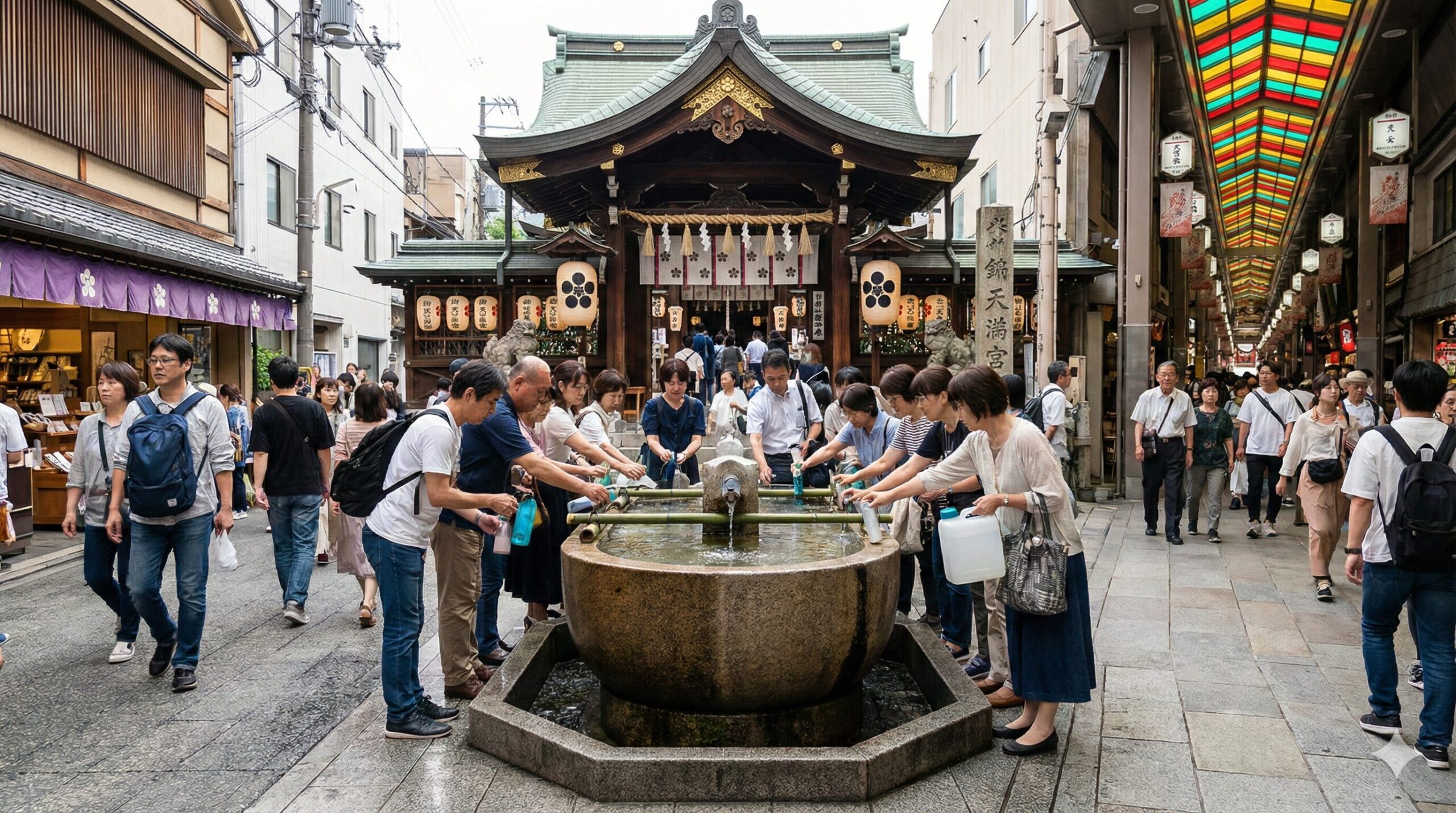 京都の街中にある錦天満宮で、湧き出る名水を汲みに訪れる地元の人々と活気ある神社の風景。