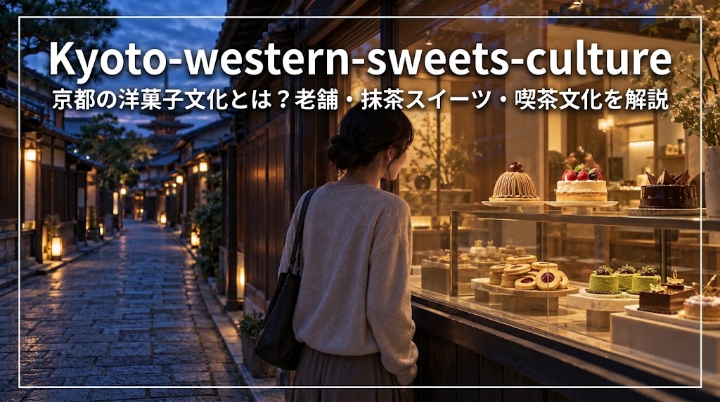 京都の町並みにある洋菓子店とショーケースを眺める女性