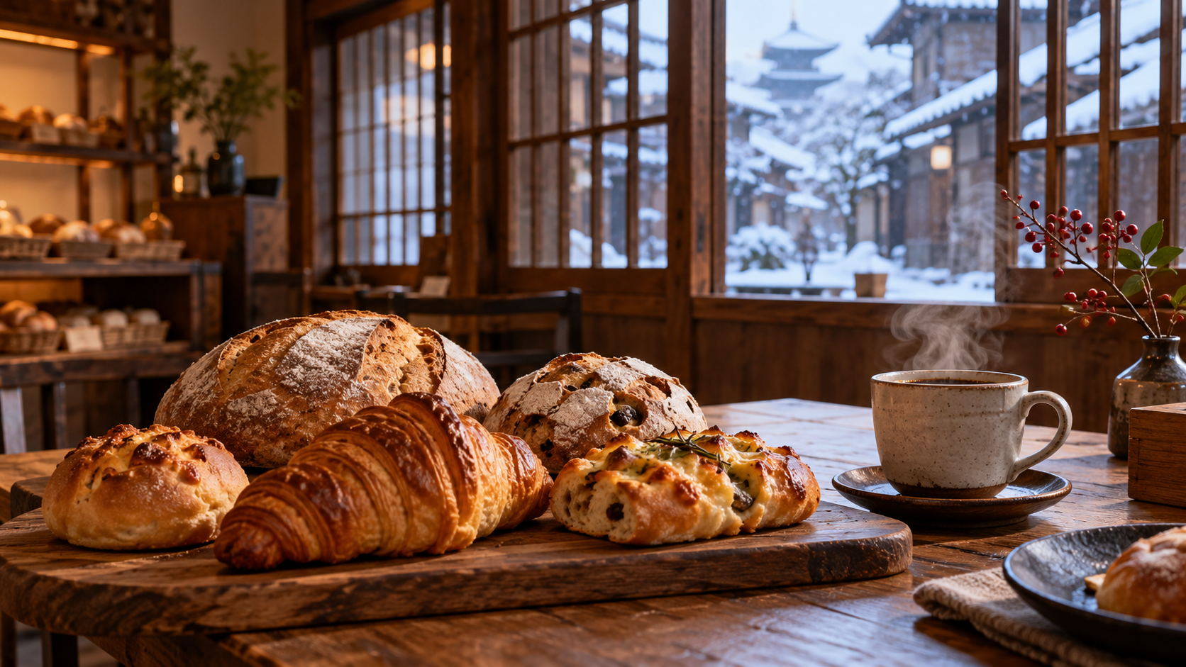 雪の京都のベーカリーに並ぶ焼きたての冬パン