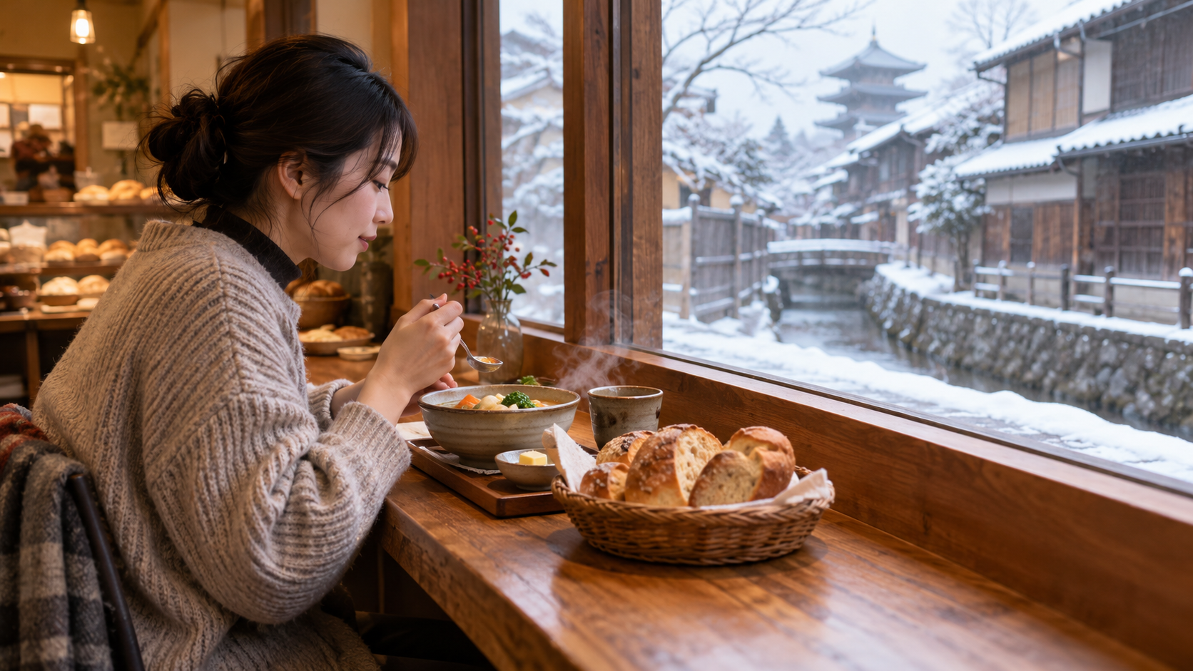 雪の京都を眺めながらパンとスープを楽しむモーニング