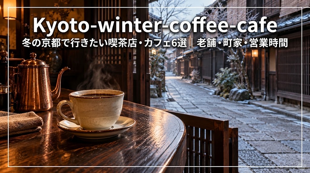 冬の京都の町家通りを眺めながら温かいコーヒーを楽しむ喫茶店