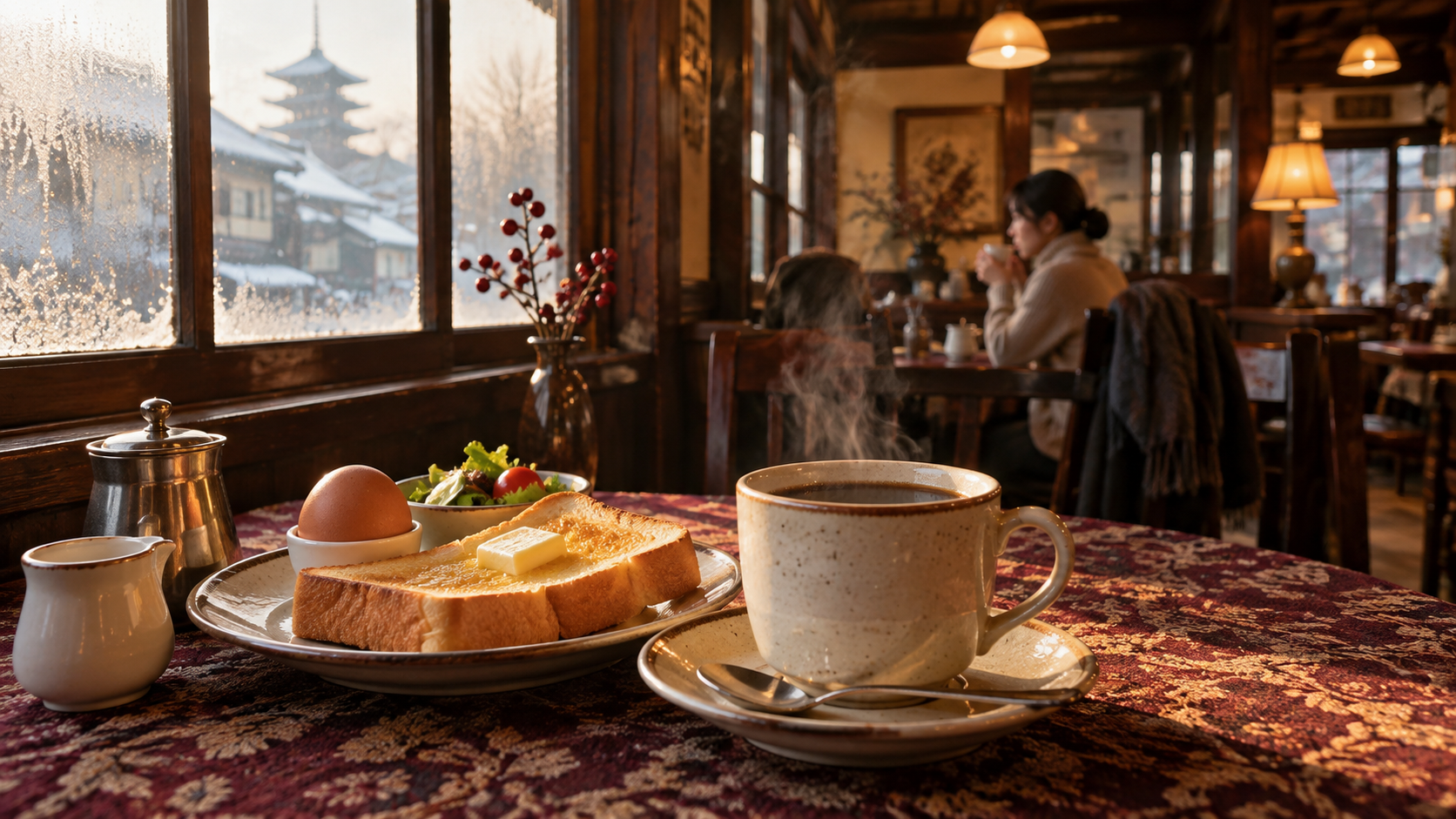 冬の京都の老舗喫茶店で味わうコーヒーとトーストの朝食