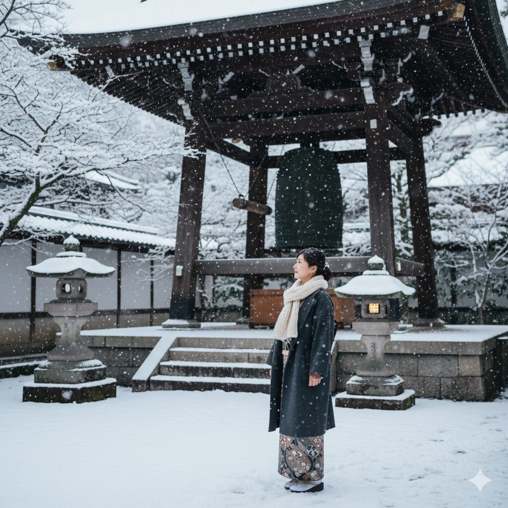 冬の京都の寺院で、雪が舞う静寂の中、お寺の鐘を見つめながら佇む日本人女性の風景。