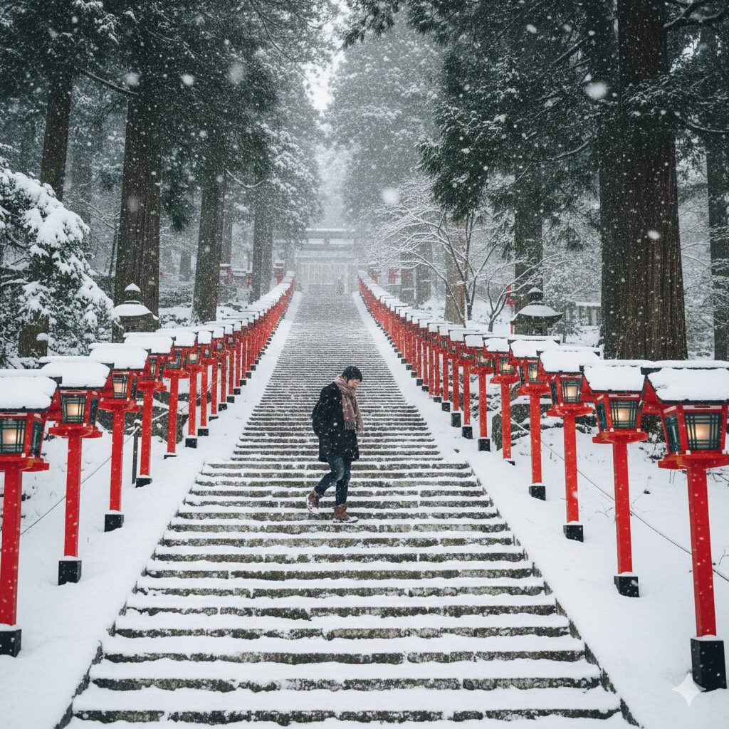 雪に覆われた京都・貴船神社の朱色の灯籠が並ぶ参道を歩く人の様子。雪が音を吸収する静かな冬の風景。