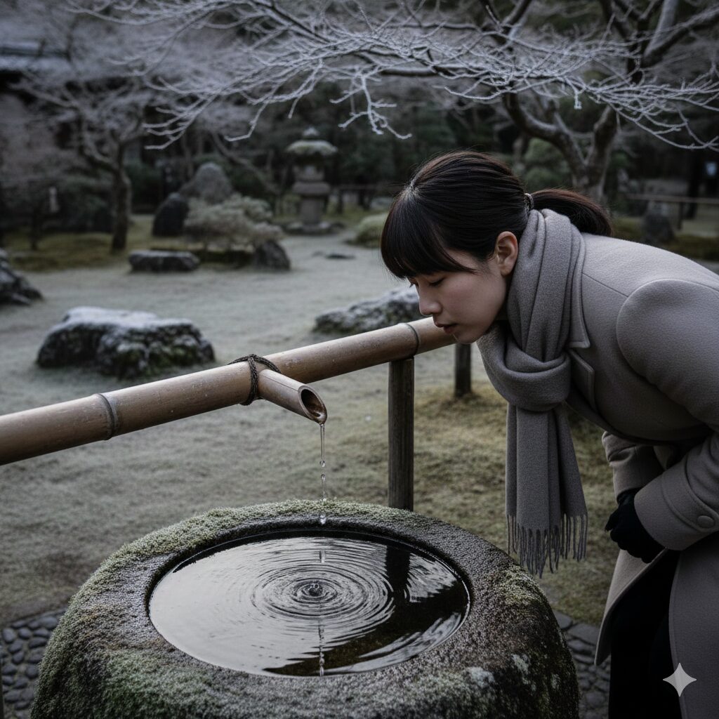 冬の京都・圓光寺の庭園で、竹筒を通して水琴窟の繊細な音色に耳を澄ませる日本人の様子。