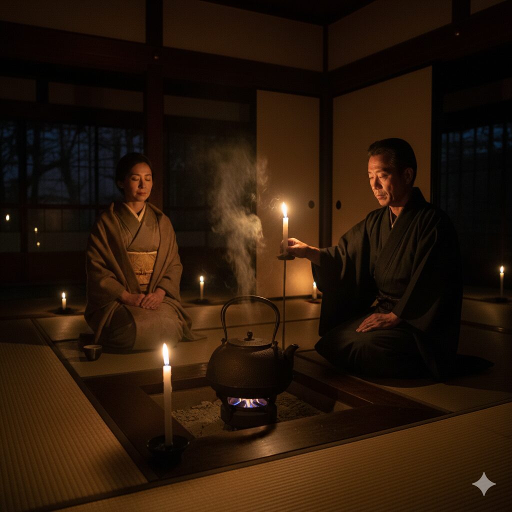 冬の夜、和蝋燭の灯りの中で行われる京都の高台寺の夜咄(よばなし)の茶会。茶釜から立ち上る湯気と幽玄な雰囲気。