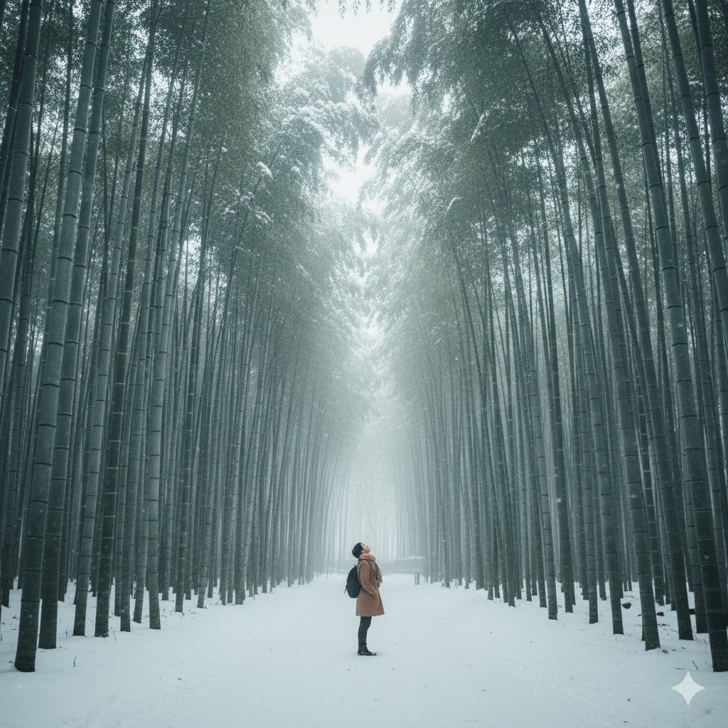 冬の静かな嵐山・竹林の小径で、風に揺れる竹の葉の音を感じながら見上げる日本人の風景。