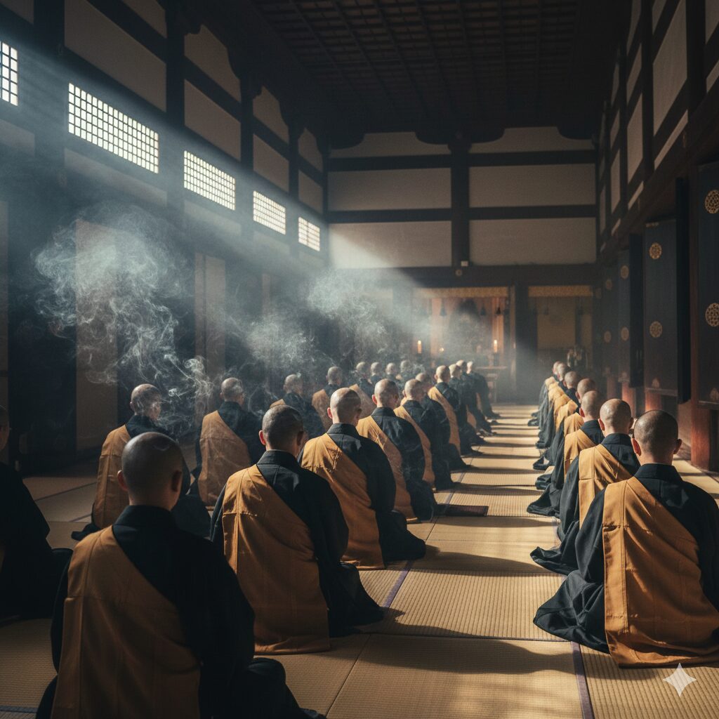 京都の寺院の早朝拝観で、荘厳な読経の声とお香の煙に包まれる静かな堂内の様子