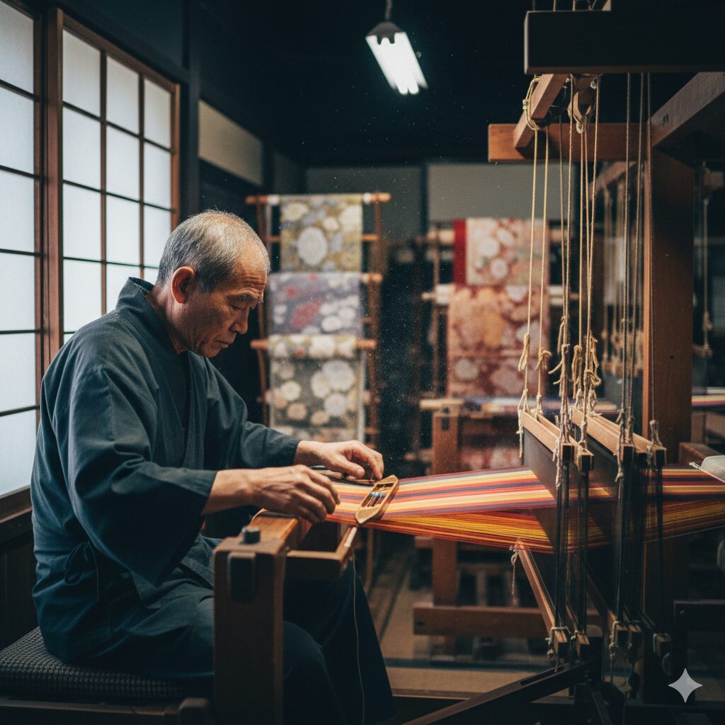 京都・西陣の工房で、リズム良く機織り機を操る伝統工芸職人の手仕事の風景。