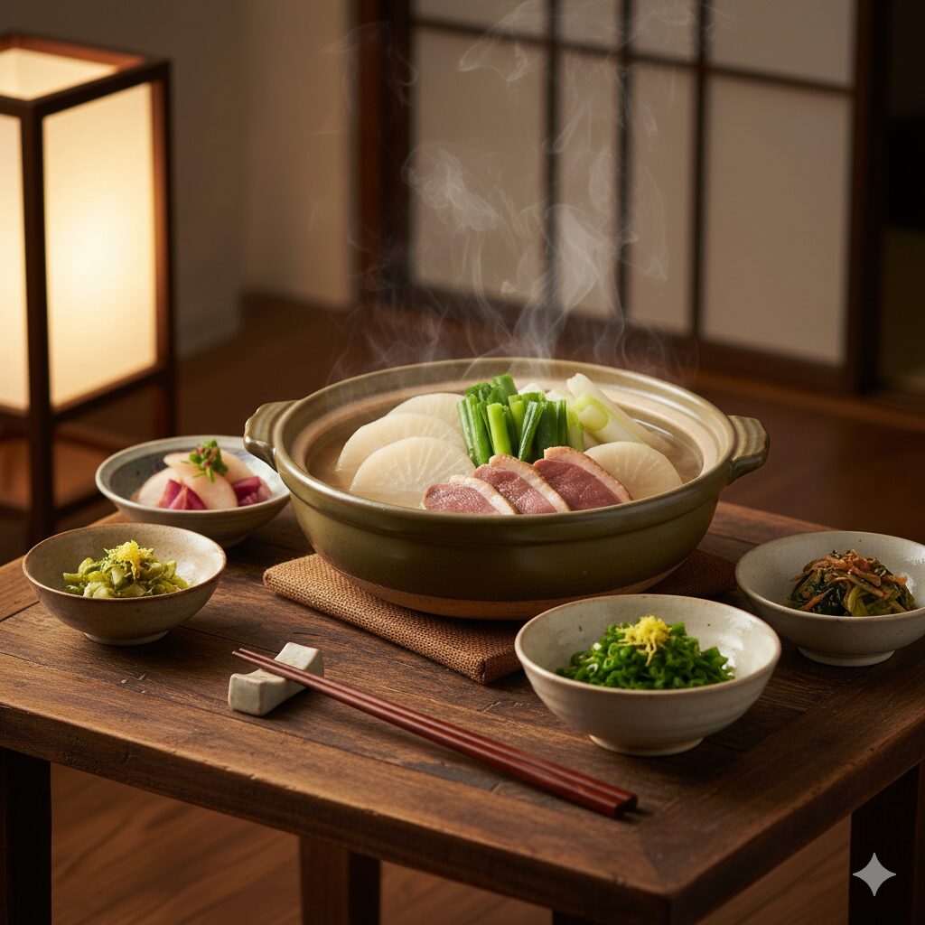 京都の冬の食卓を彩る、九条ネギと聖護院大根を使った温かいおばんざいの盛り合わせ。和風の木製テーブルに湯気が立つ料理が並ぶ様子。