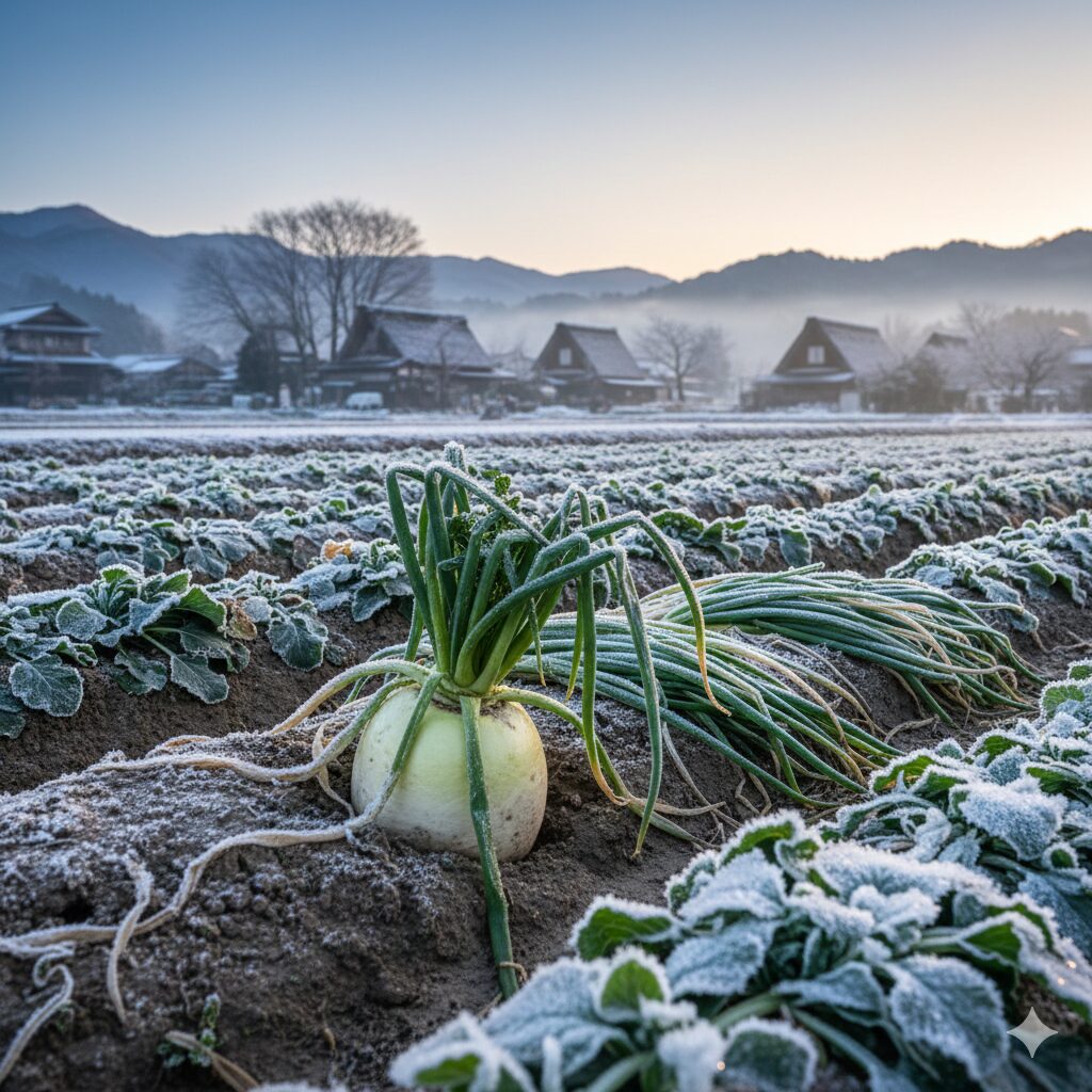 雪が積もった京都の畑で、日本の農家が九条ネギや聖護院大根を収穫している冬の情景。冷たく厳しい寒さの中で育つ生命力。
