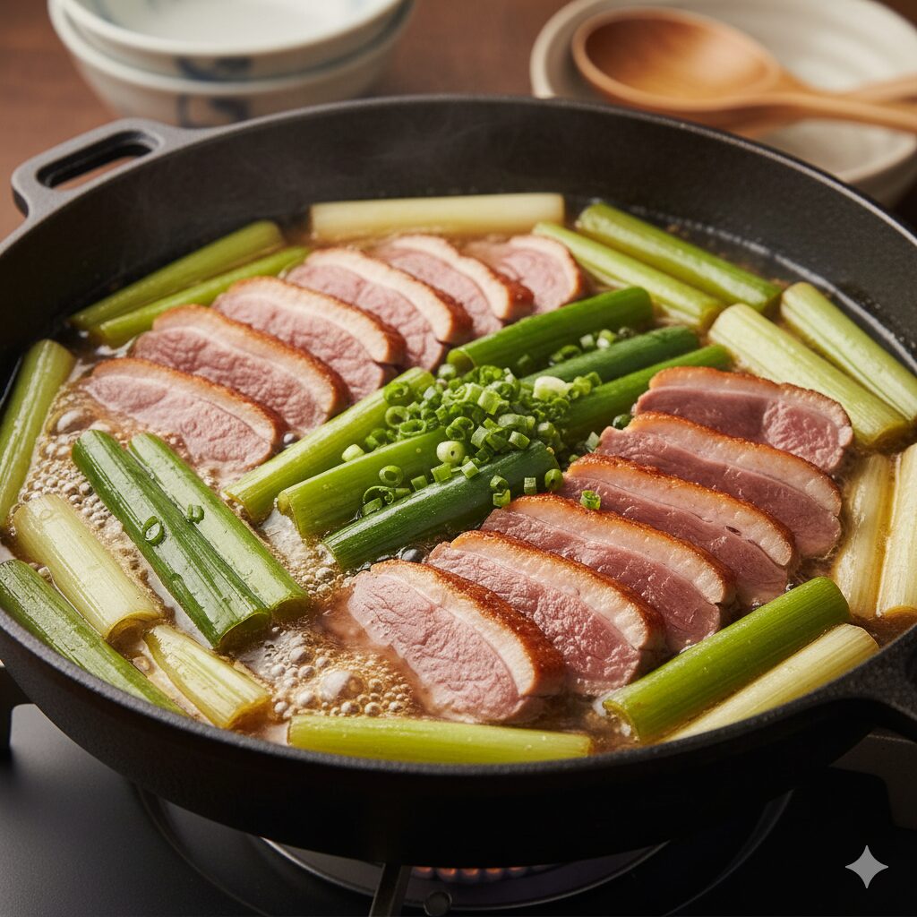 鴨鍋の中で、上質な鴨肉の脂と出汁を吸い込み、トロリと煮込まれている冬の九条ネギのクローズアップ。濃厚な湯気が立つ様子。