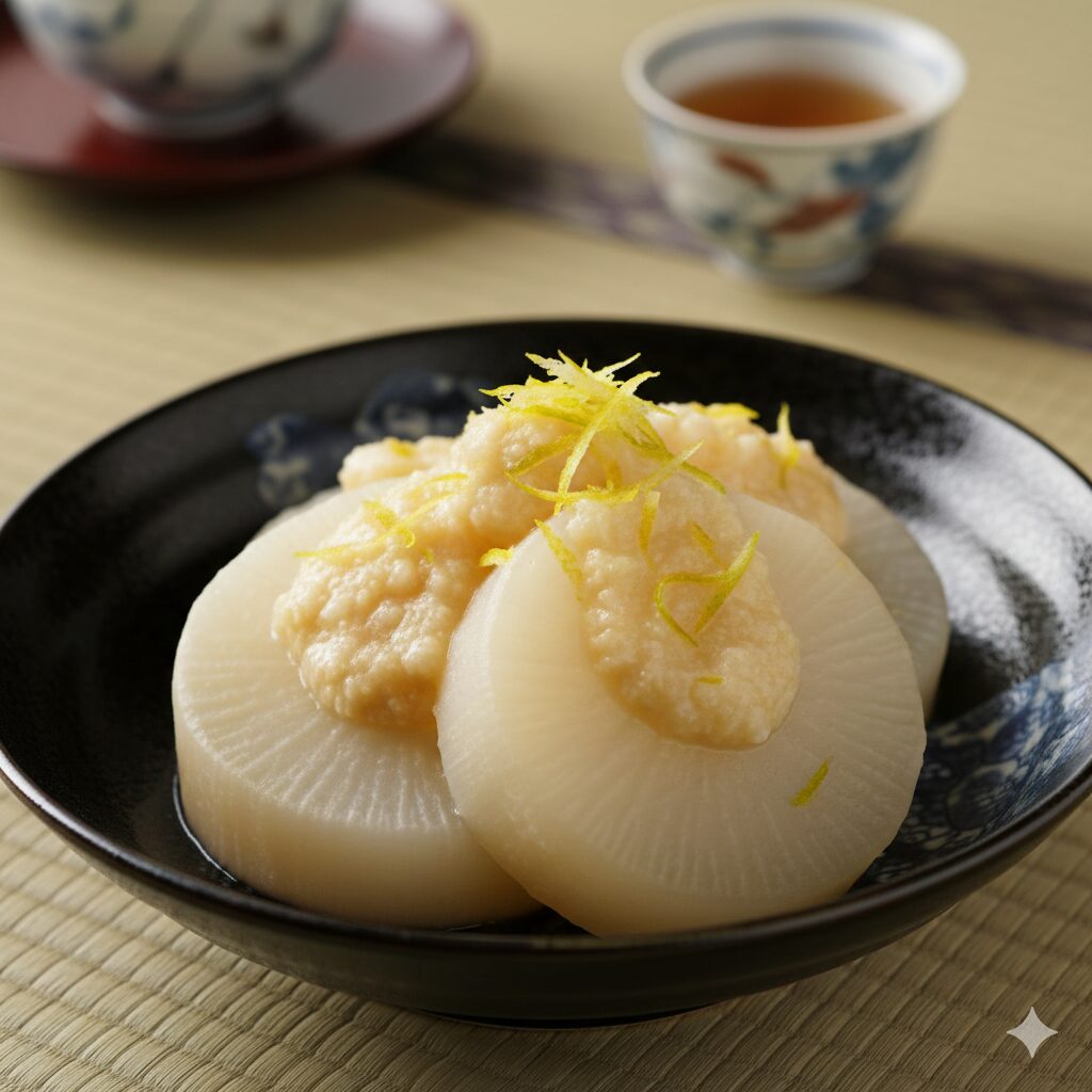 京都の寺院の境内で、巨大な大釜で大根焚きが行われている様子。参拝者（日本人）が列を作り、熱々の大根を受け取る冬の風物詩。