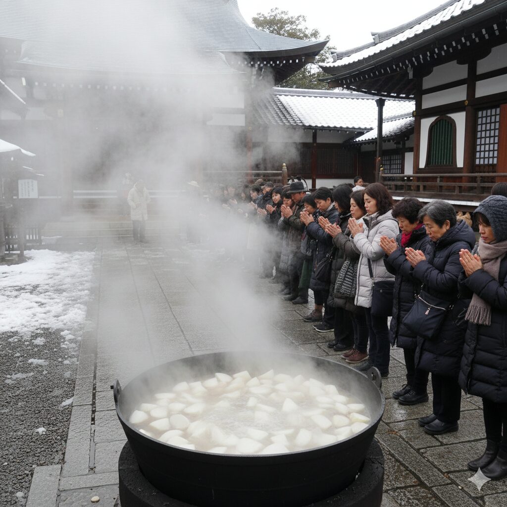 京都の寺院の境内で、巨大な大釜で大根焚きが行われている様子。参拝者（日本人）が列を作り、熱々の大根を受け取る冬の風物詩。