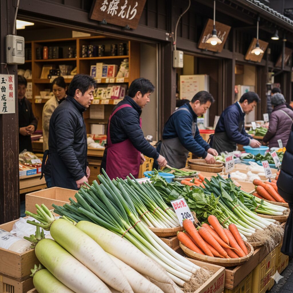 錦市場の漬物店の店頭に、聖護院かぶらを使った千枚漬けなど、彩り豊かな冬の京漬物が美しく並べられたディスプレイ。